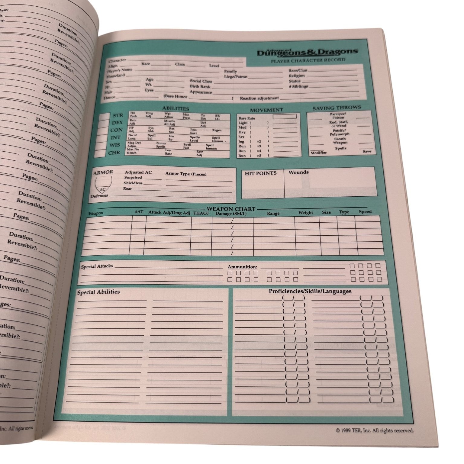 Advanced Dungeons & Dragons Character Record Sheets 1989 TSR Game Accessory 9264