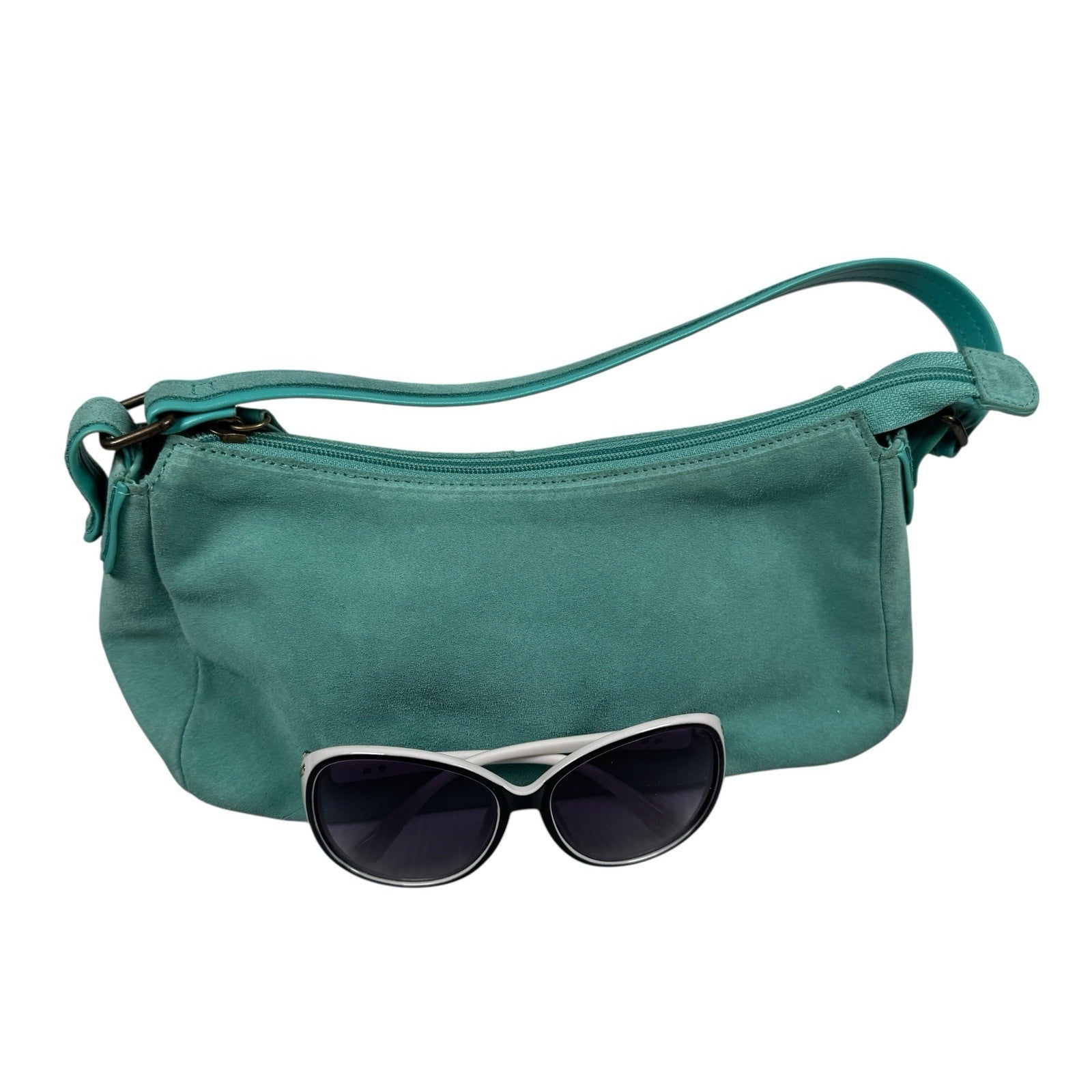Vintage Gap Shoulder Bag Fall 2005 Aqua Blue Suede with Y2K Sunglasses