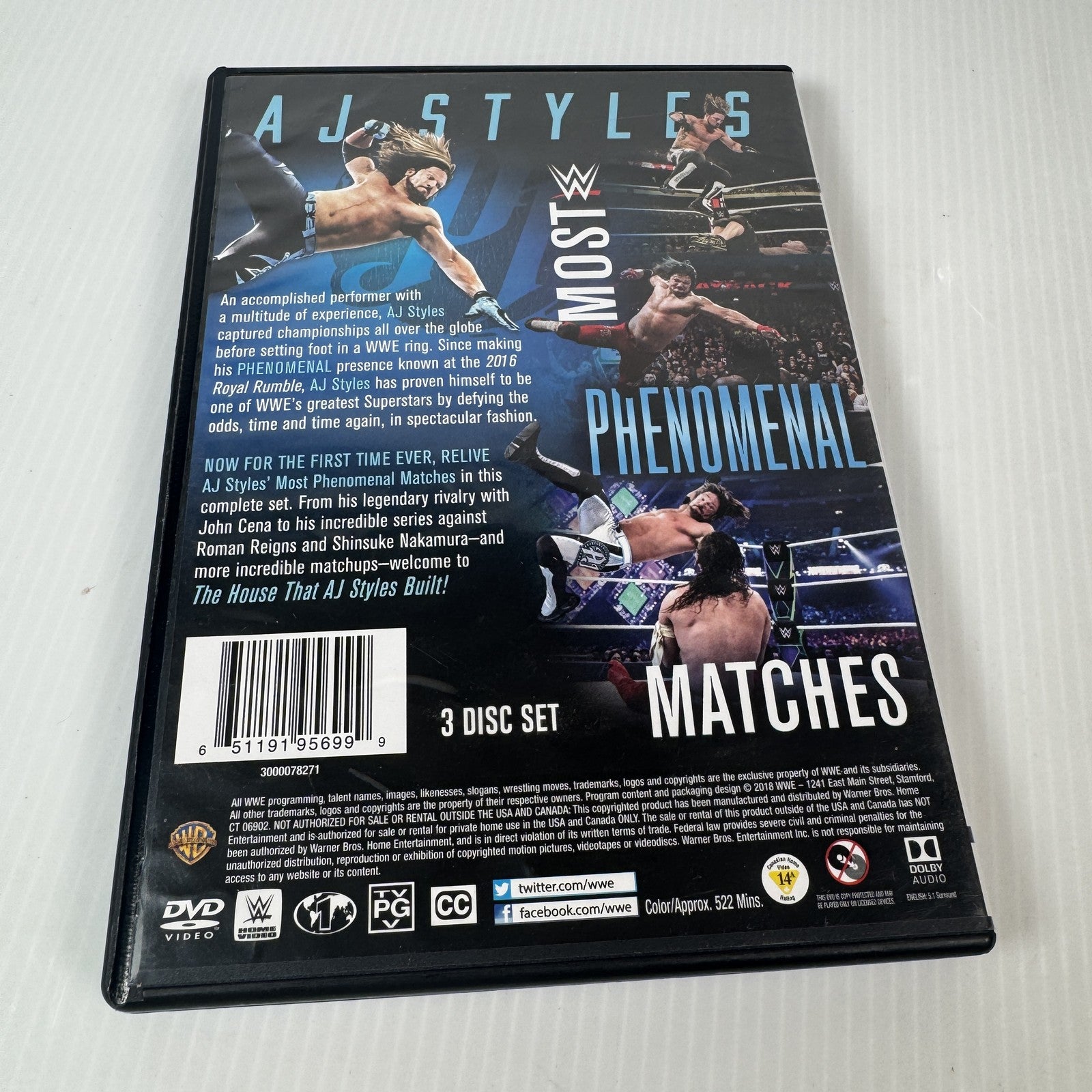 AJ Styles Most Phenomenal Matches DVD 2018 WWE Wrestling 3 Disc Set