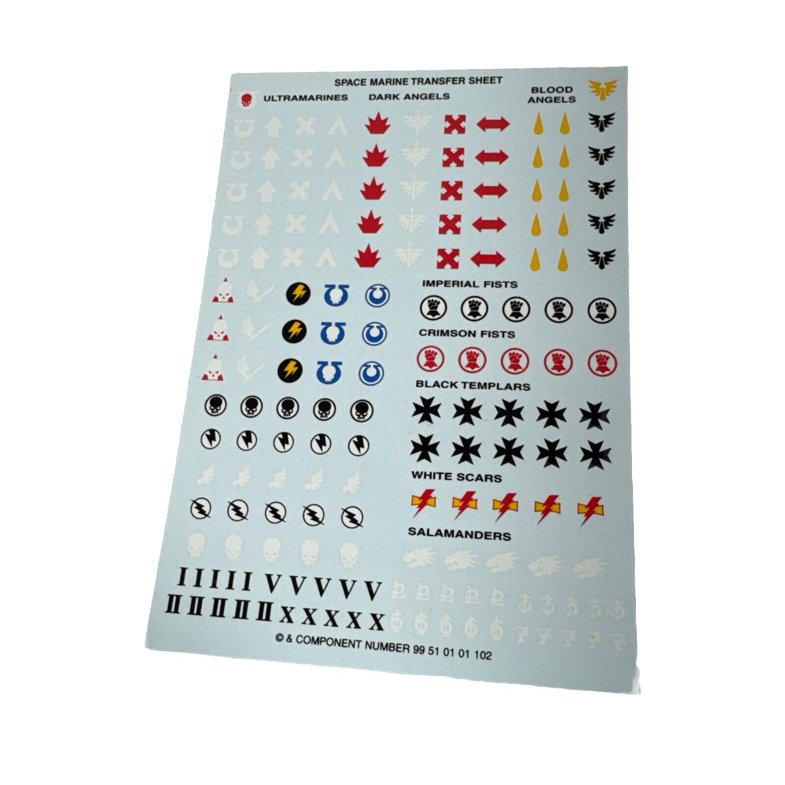Space Marine Decal Transfer Sheet Warhammer 40k Ultramarines, Dark, Blood Angels