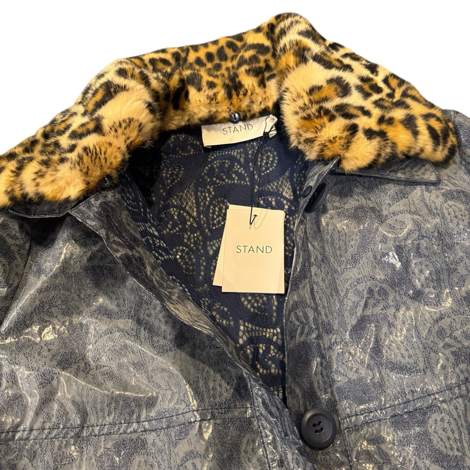 Stand Studio Designer Anais Rain Coat Long Dark Navy Translucent Sz 38 PVC Lace