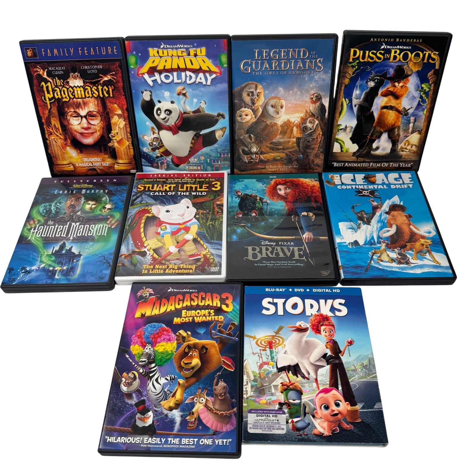 10 DVD Movie Lot Madagascar 3 Ice Age Brave Stuart Little 3 Puss In Boots & More