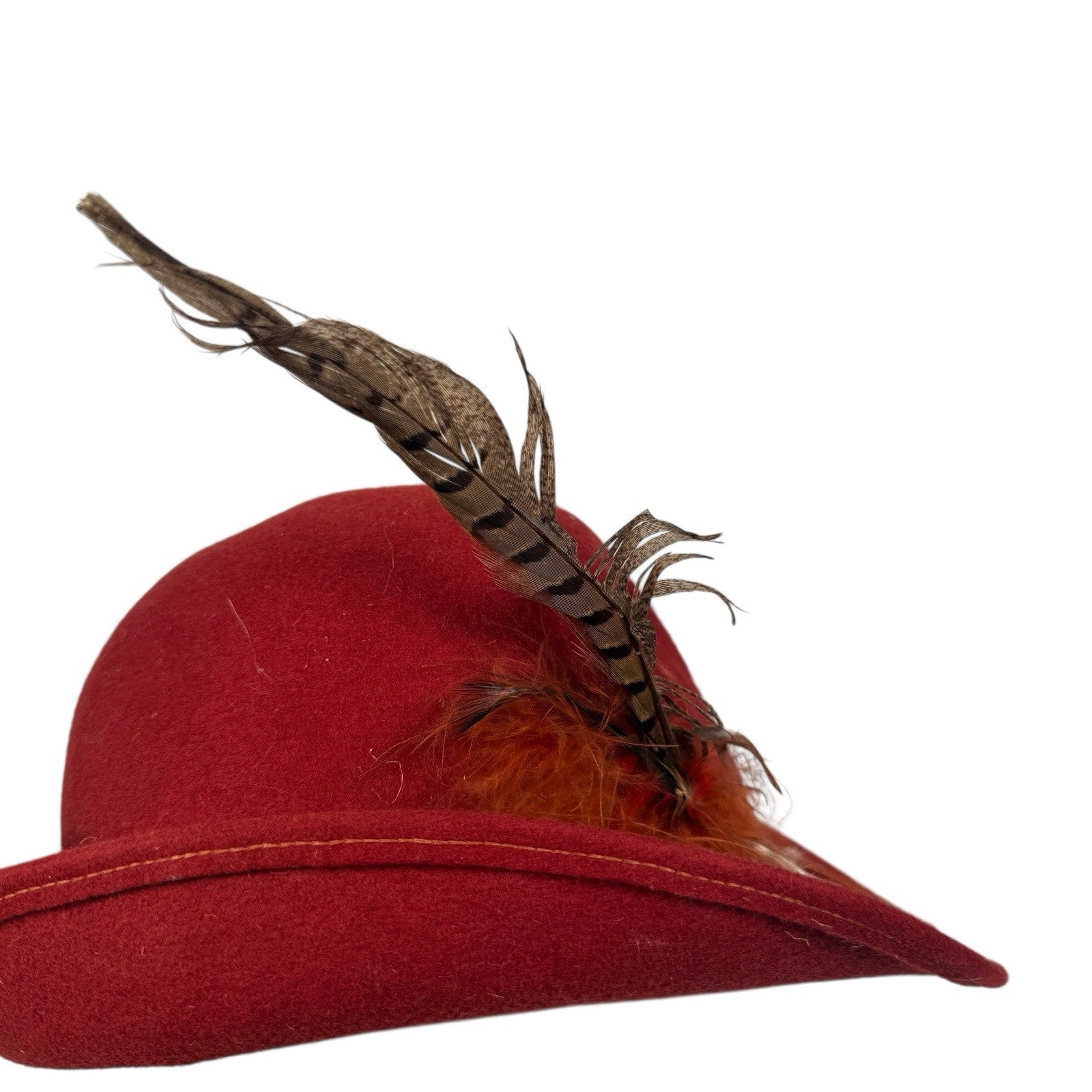 Vintage Lancaster Felt 100% Wool Red One Size Womens Hat With Feather Trim