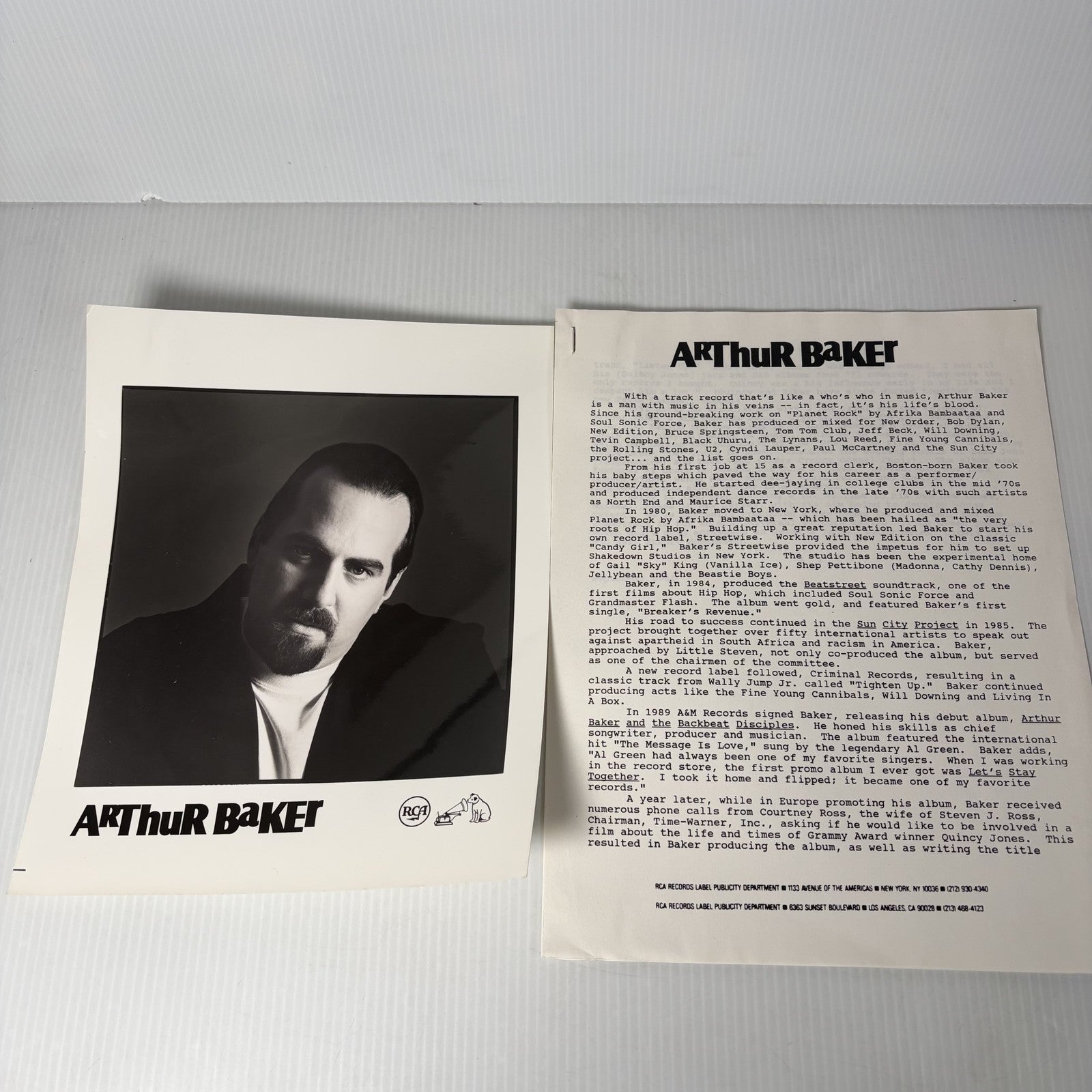 Arthur Baker Press Kit Bio Photo Flyer RCA Records Rap Hip Hop Music Memorabilia