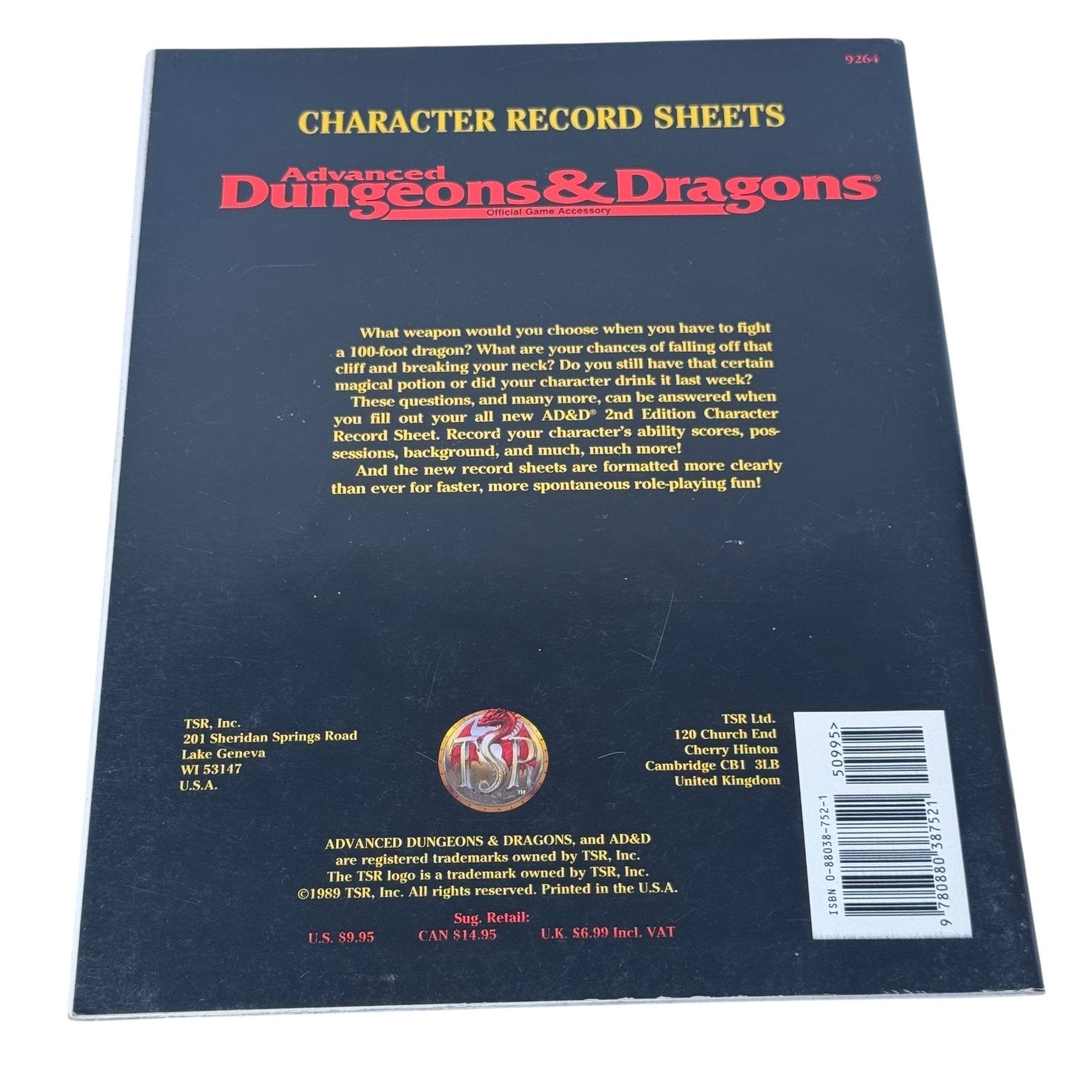 Advanced Dungeons & Dragons Character Record Sheets 1989 TSR Game Accessory 9264