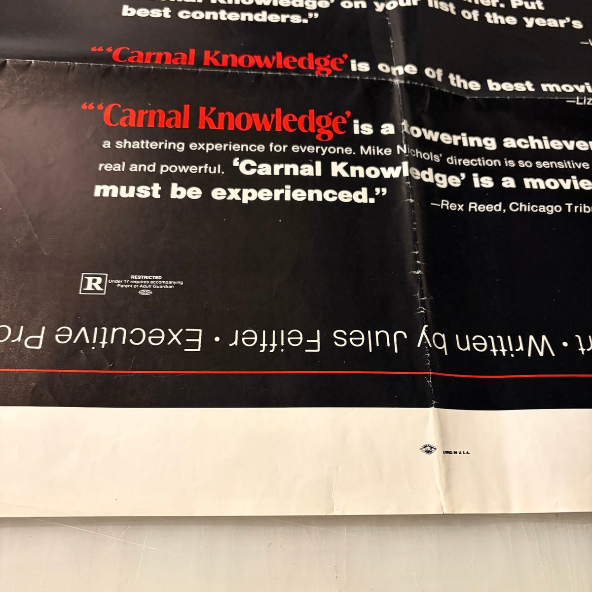 Vintage Carnal Knowledge 1971 One-Sheet Movie Poster Jack Nicholson Mike Nichols