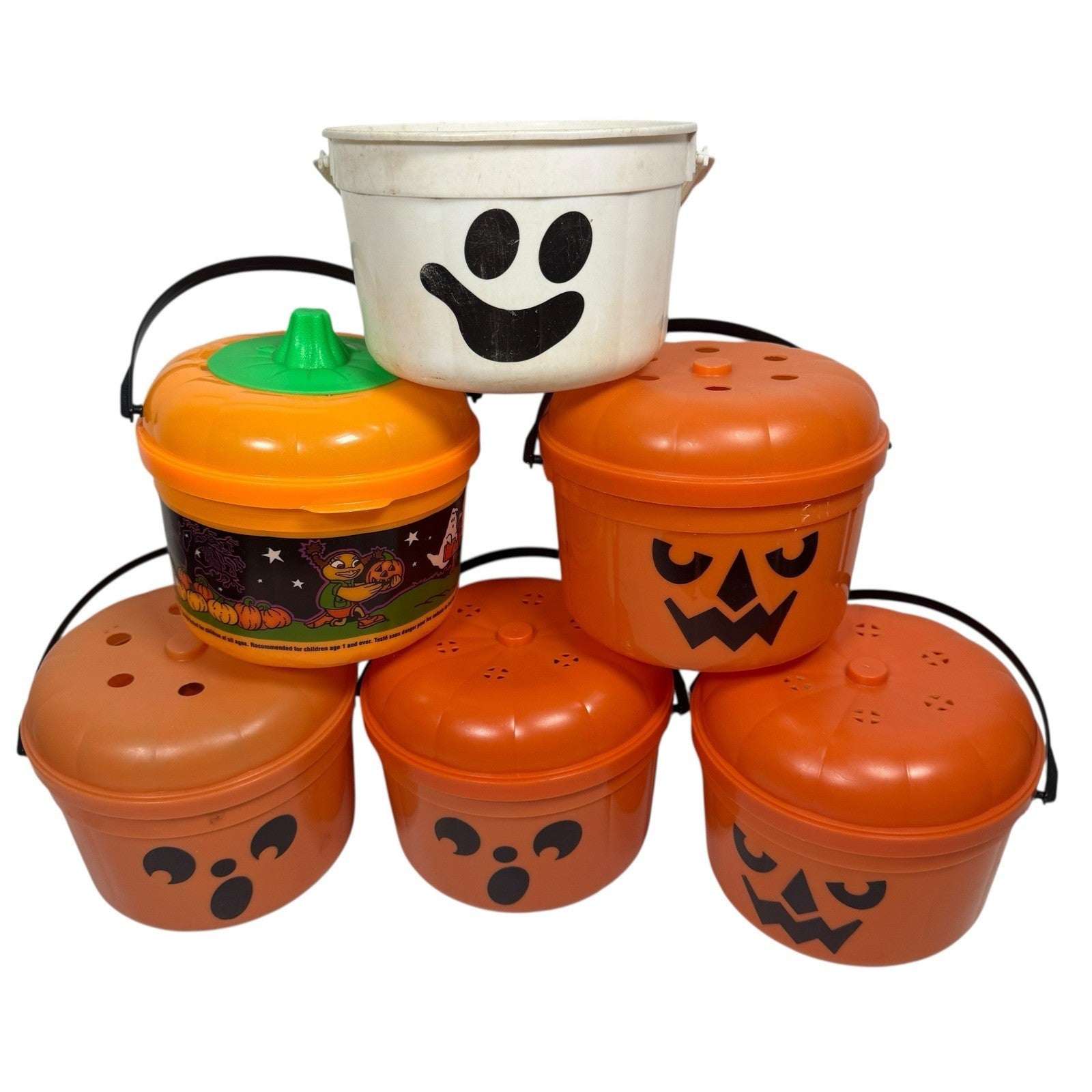 1986 McDonald's Halloween Boo Bucket Lot of 6 w/ Gremlin & Grimace Most Lids