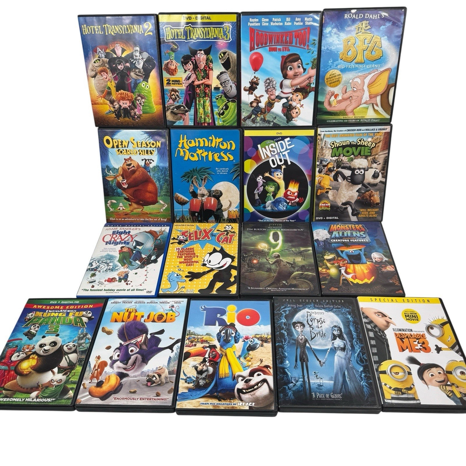17 Animated Movie DVDs Lot Inside Out, Rio, Hotel Transylvania 2+3, “9” & More