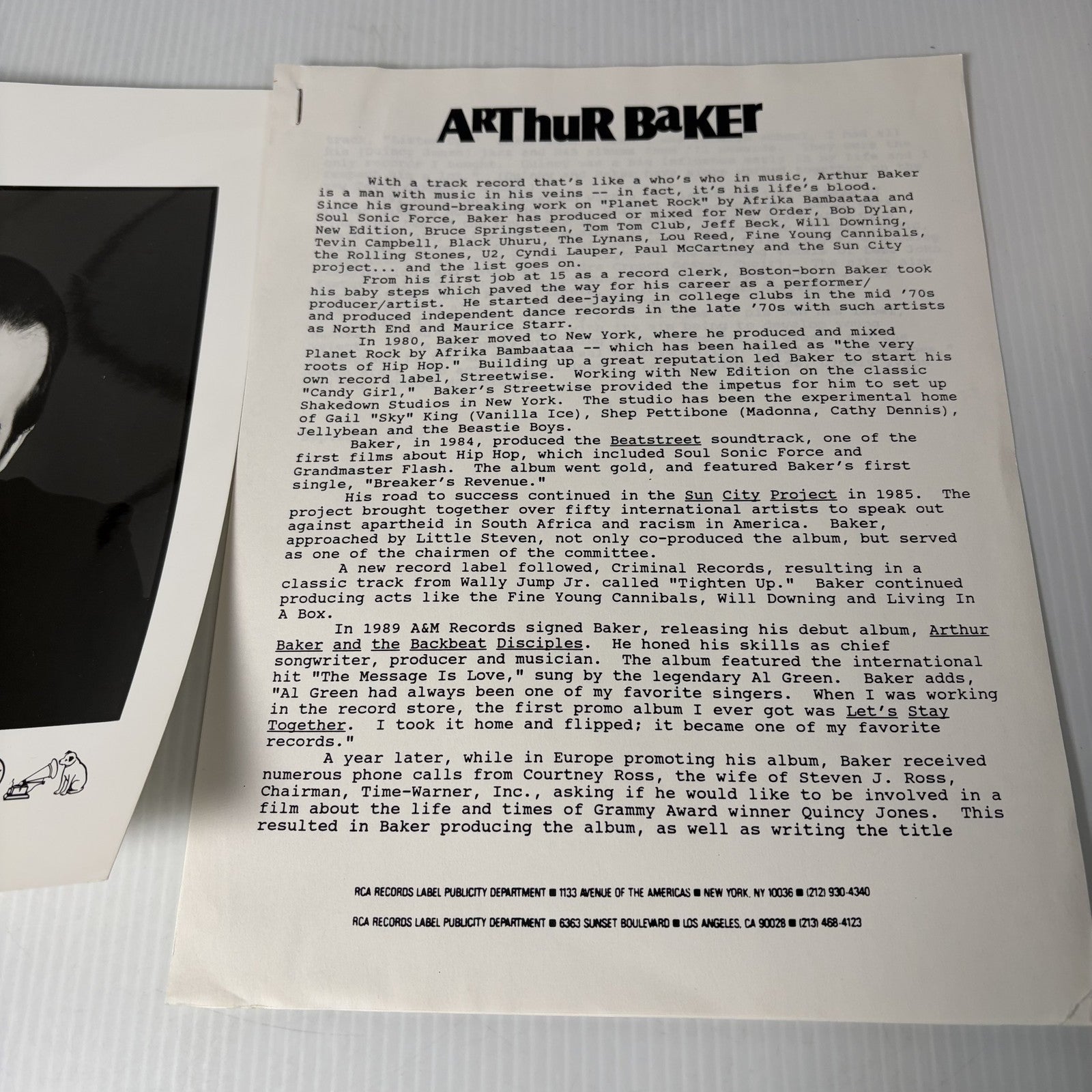 Arthur Baker Press Kit Bio Photo Flyer RCA Records Rap Hip Hop Music Memorabilia