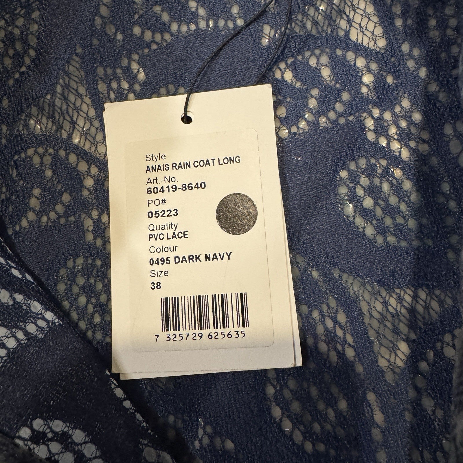 Stand Studio Designer Anais Rain Coat Long Dark Navy Translucent Sz 38 PVC Lace