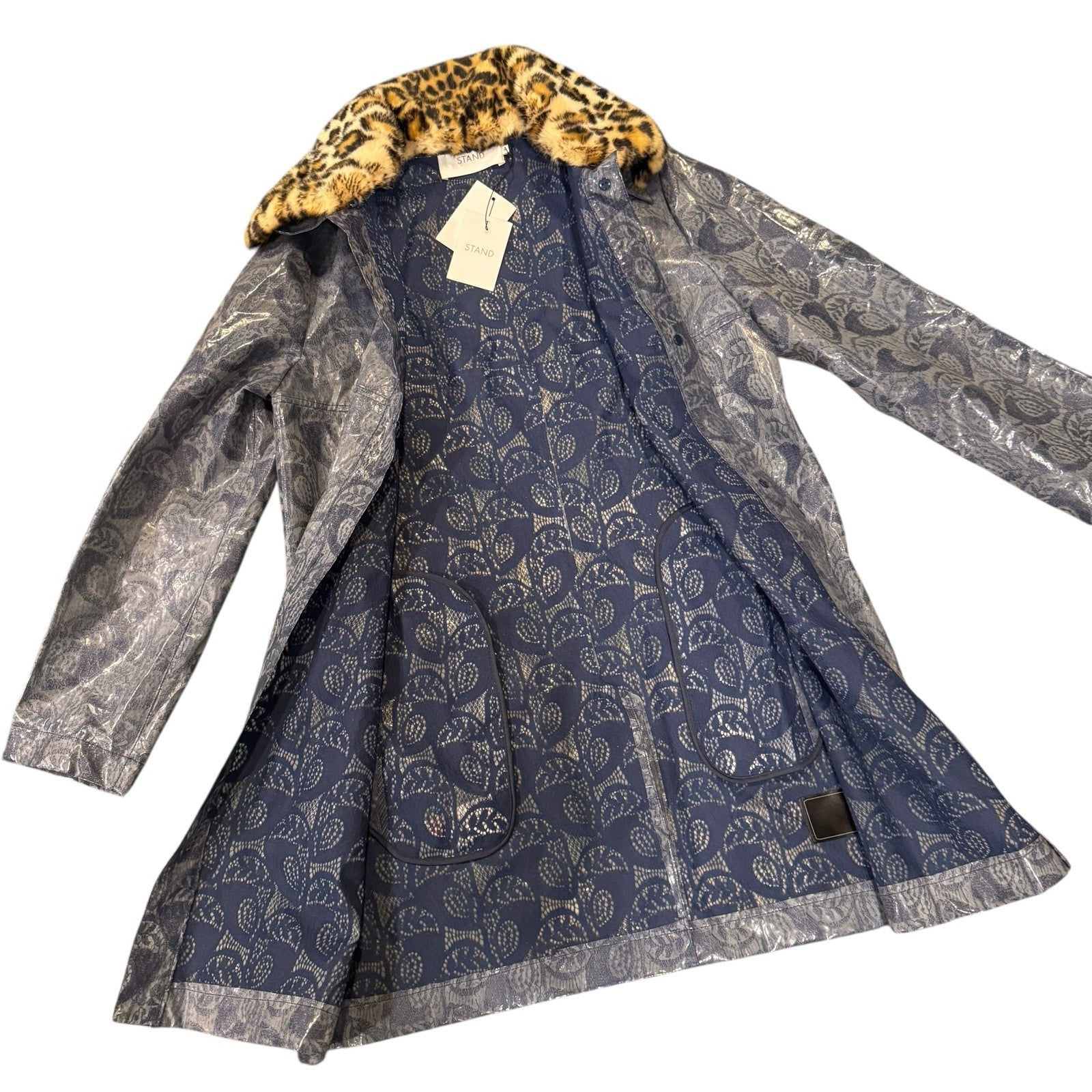 Stand Studio Designer Anais Rain Coat Long Dark Navy Translucent Sz 38 PVC Lace