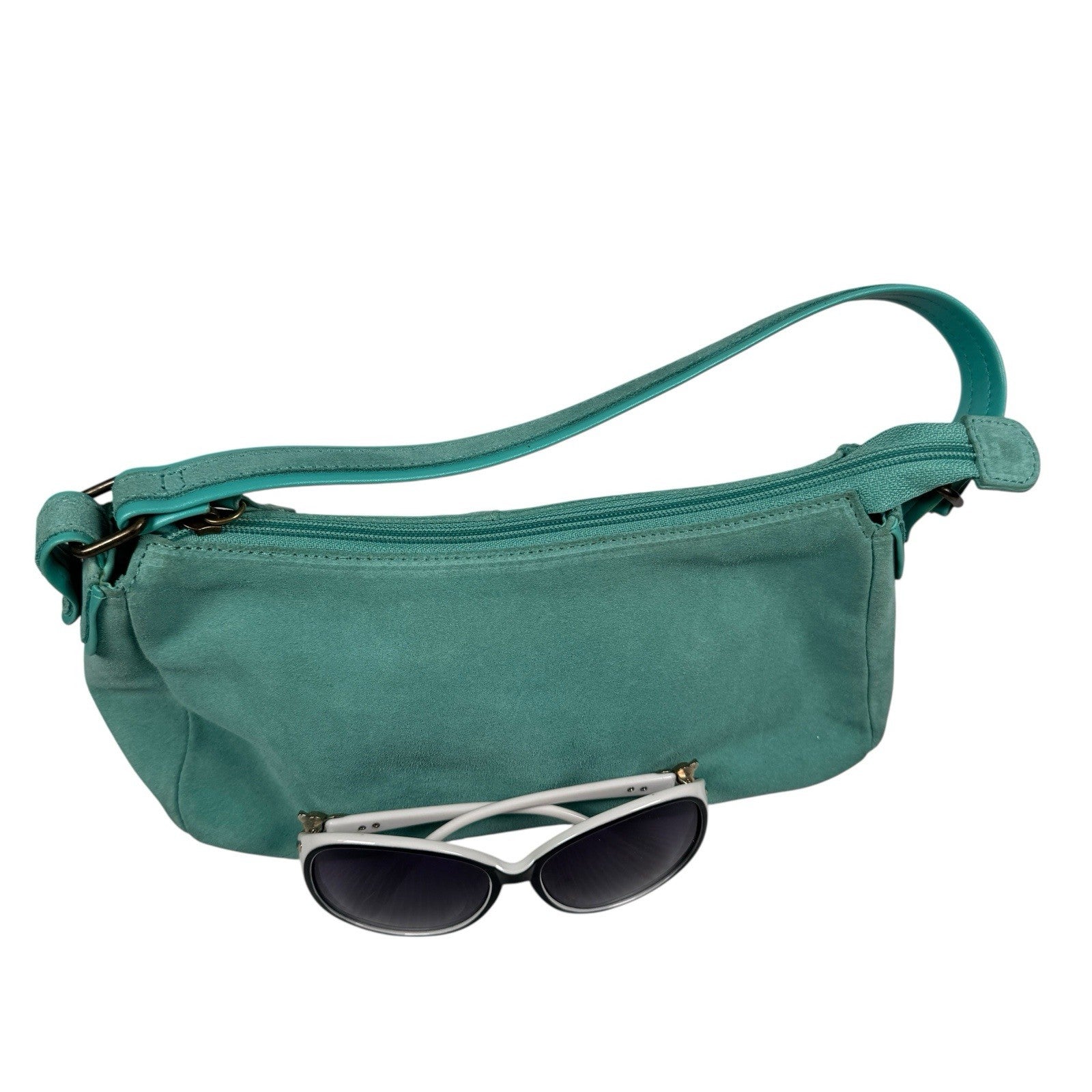Vintage Gap Shoulder Bag Fall 2005 Aqua Blue Suede with Y2K Sunglasses