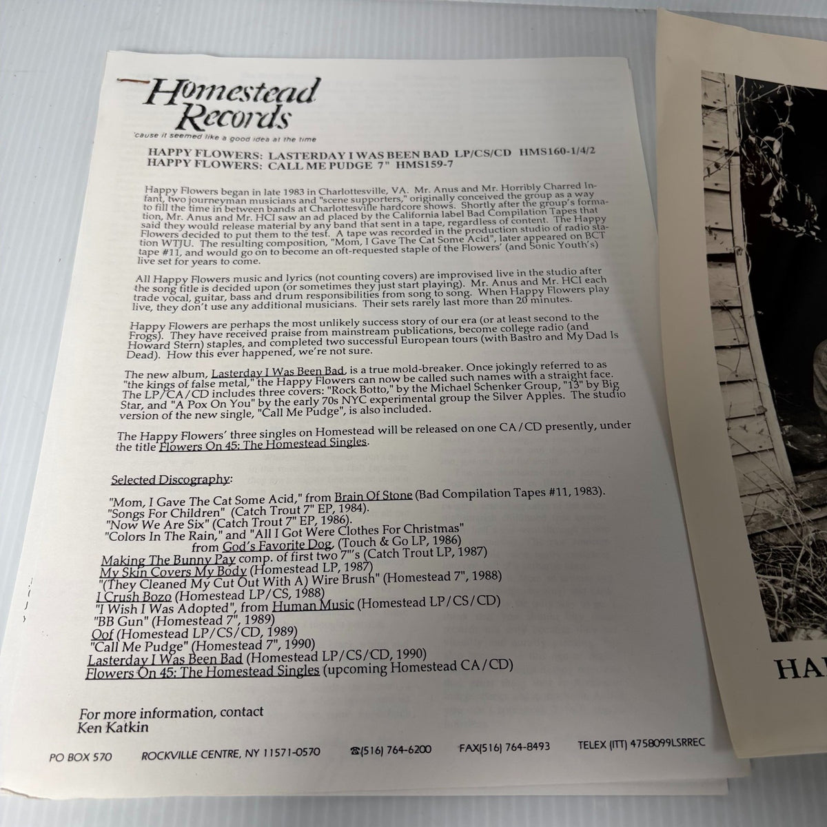 Happy Flowers Homestead Records Original Press Kit Photo 8x10 Rock & Pop Music