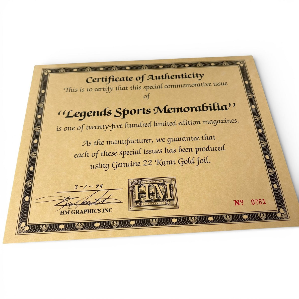 Legends Sports Memorabilia Magazine Mar/Apr 1993 Arnold Palmer 22K Gold Foil COA