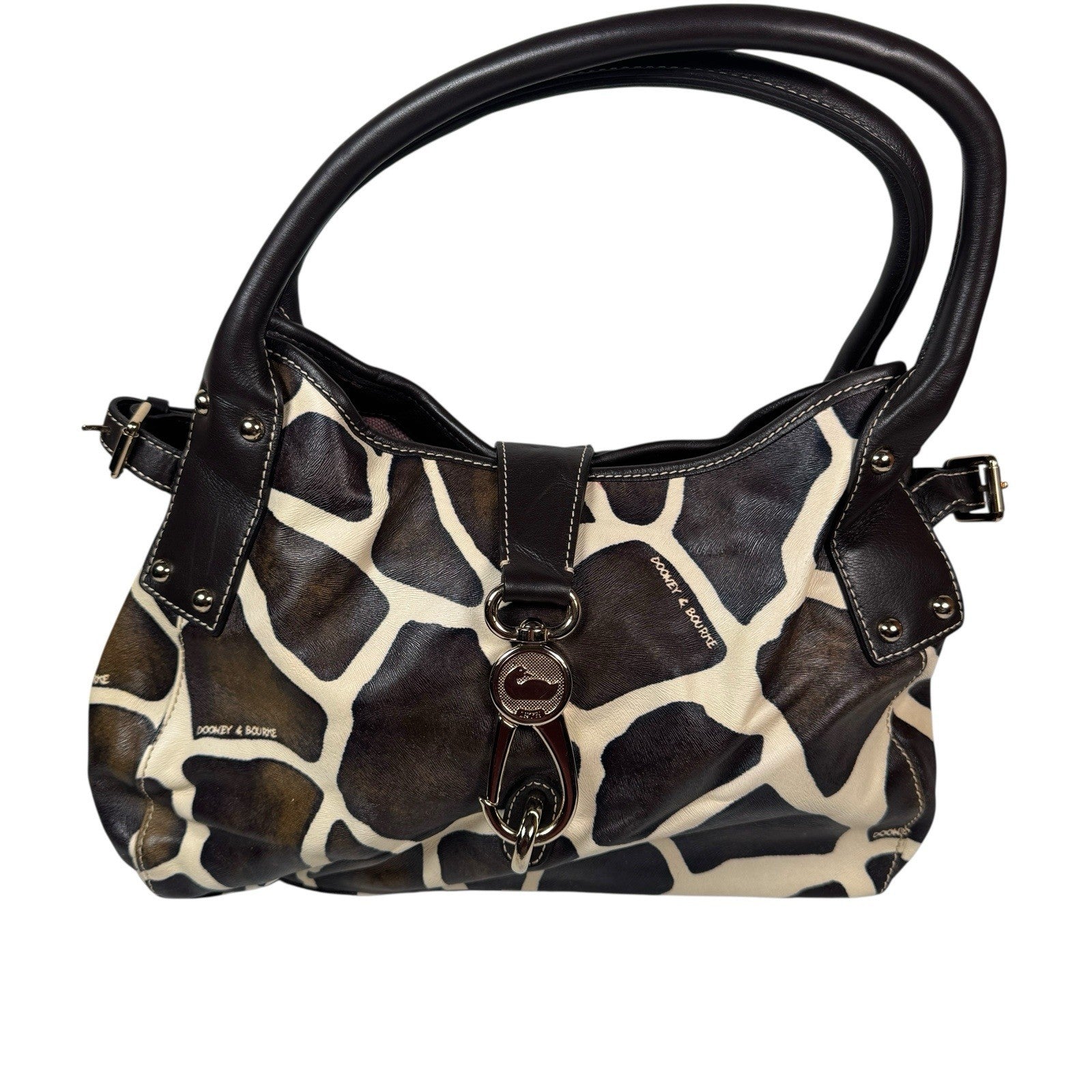 Dooney & Bourke Giraffe Print Leather Satchel Handbag Purse W/ Duck Hook & Loop