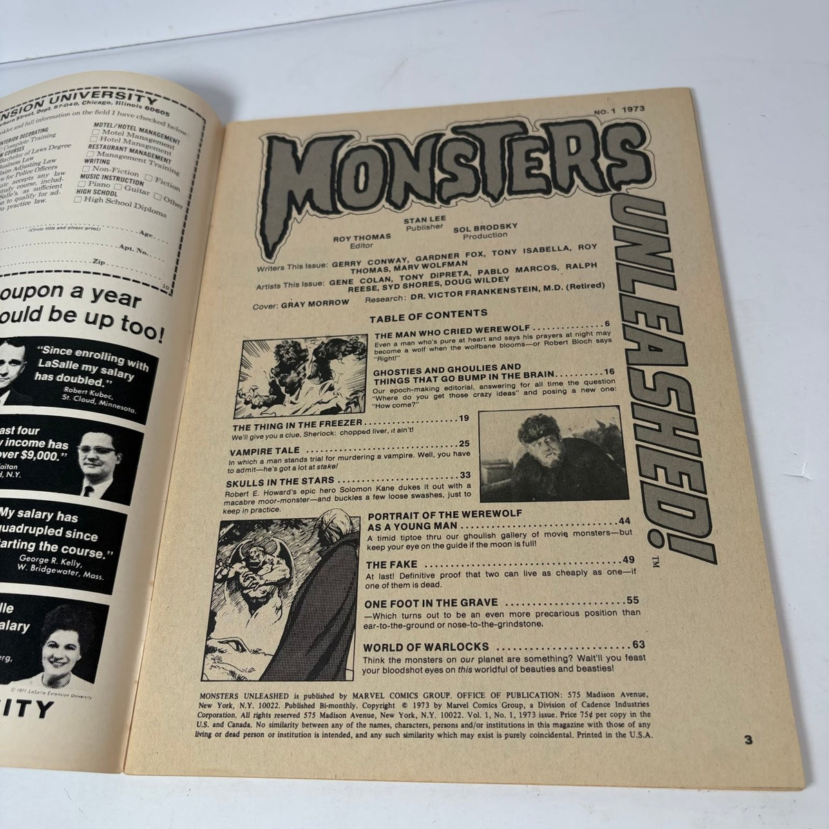 Monsters Unleashed 1973 Issue 1 Werewolf Vampire Horror 1st App Solomon Kane