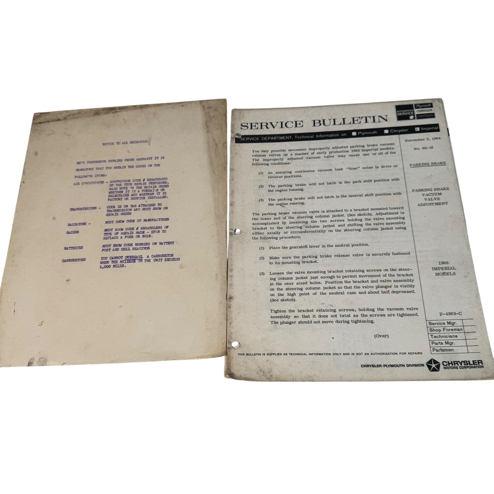 Vintage 1965 Chrysler Mopar Service Bulletins Plymouth Imperial Mechanic Documen