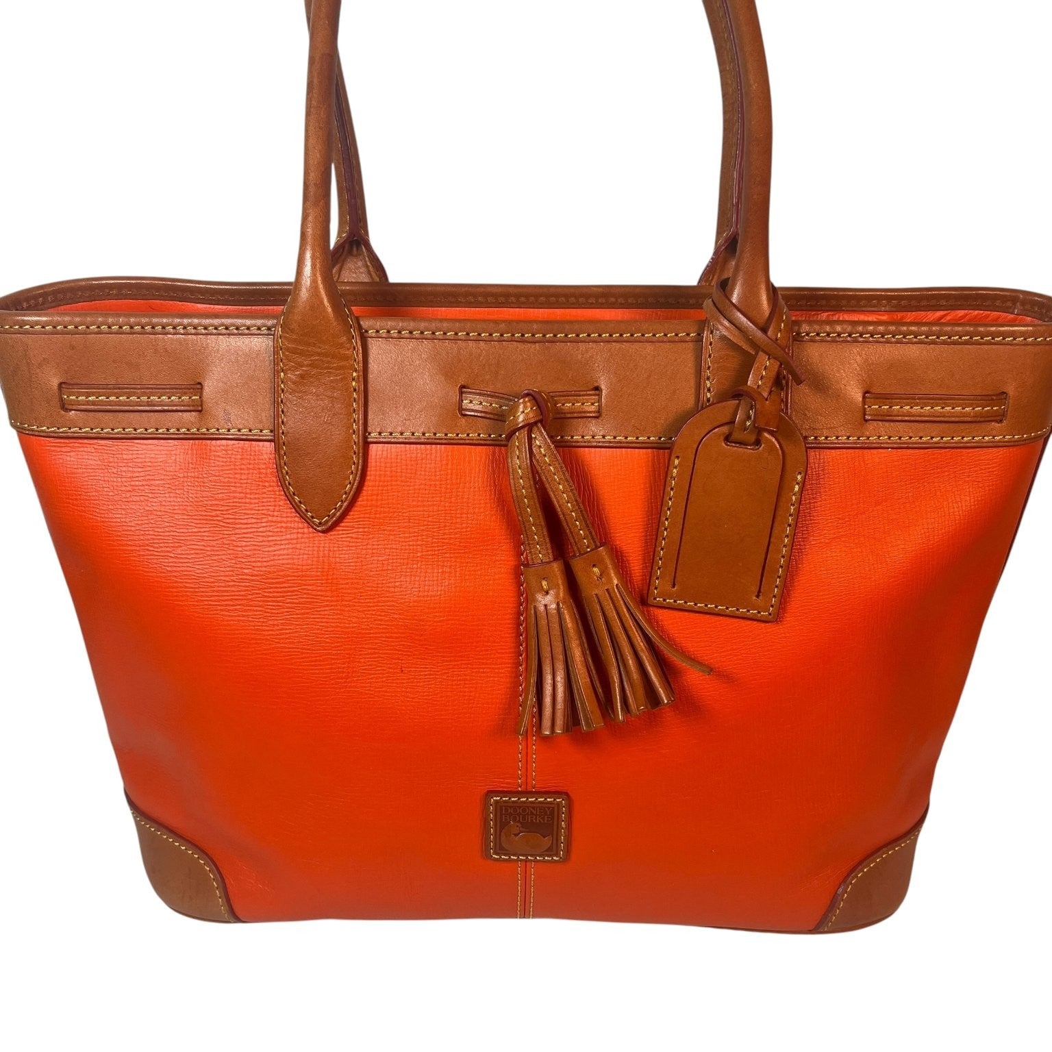 Vintage Dooney & Bourke Tote Bag Purse Saffiano Tassel Orange with Green Wallet