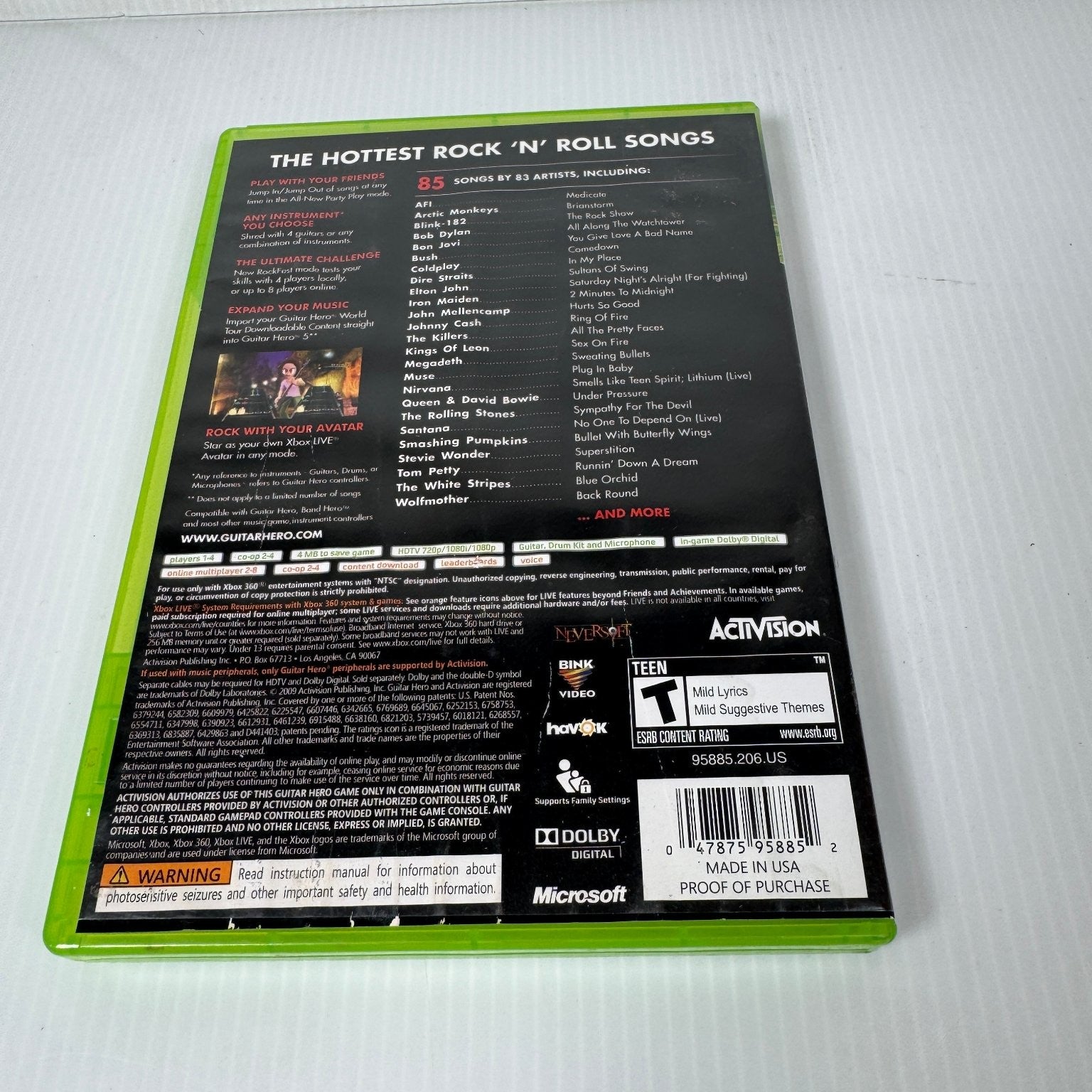 Guitar Hero 5 Xbox 360 Video Game Multiplayer 85 Songs Case & Game