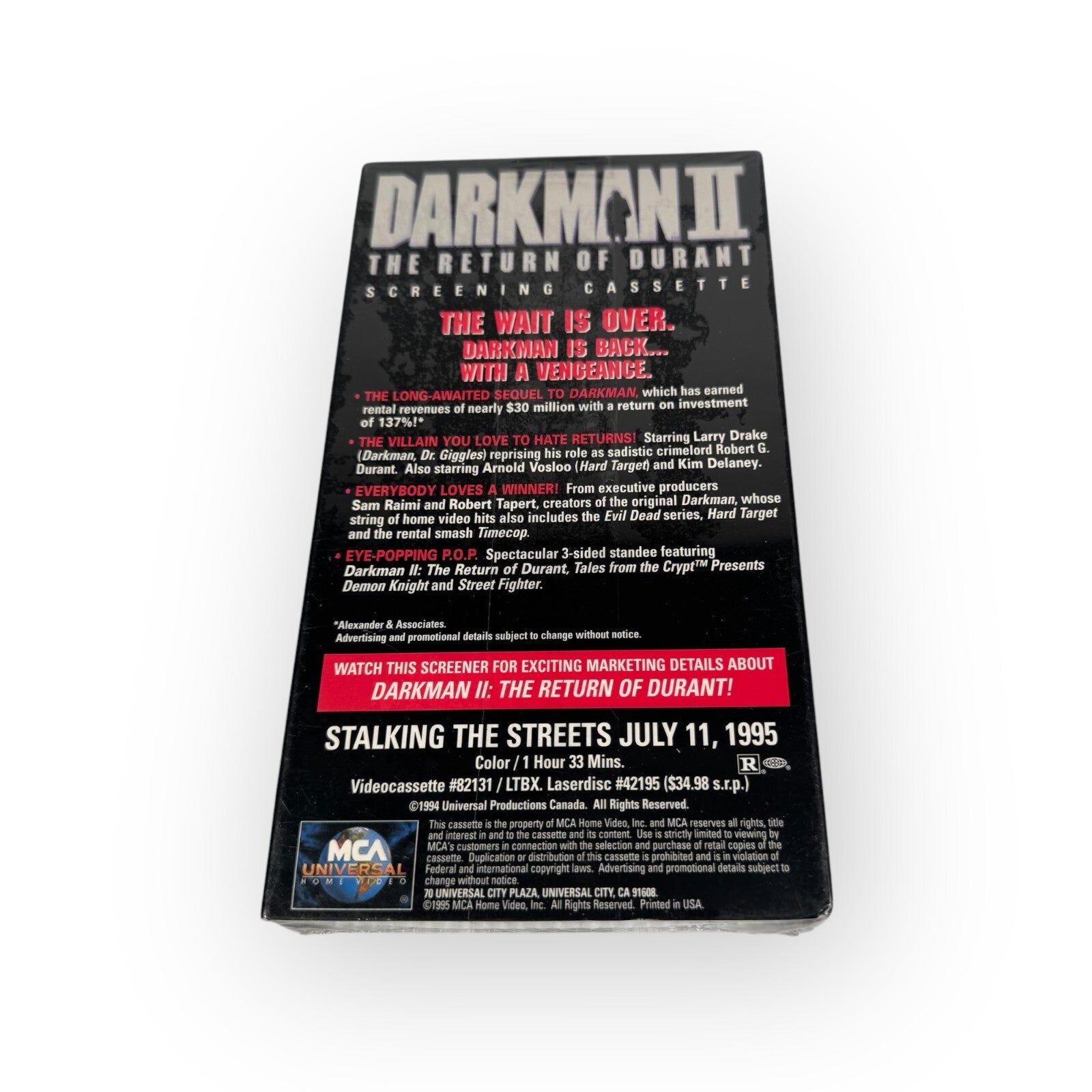 Darkman II The Return of Durant 1995 New Sealed Full Length Screening VHS Tape