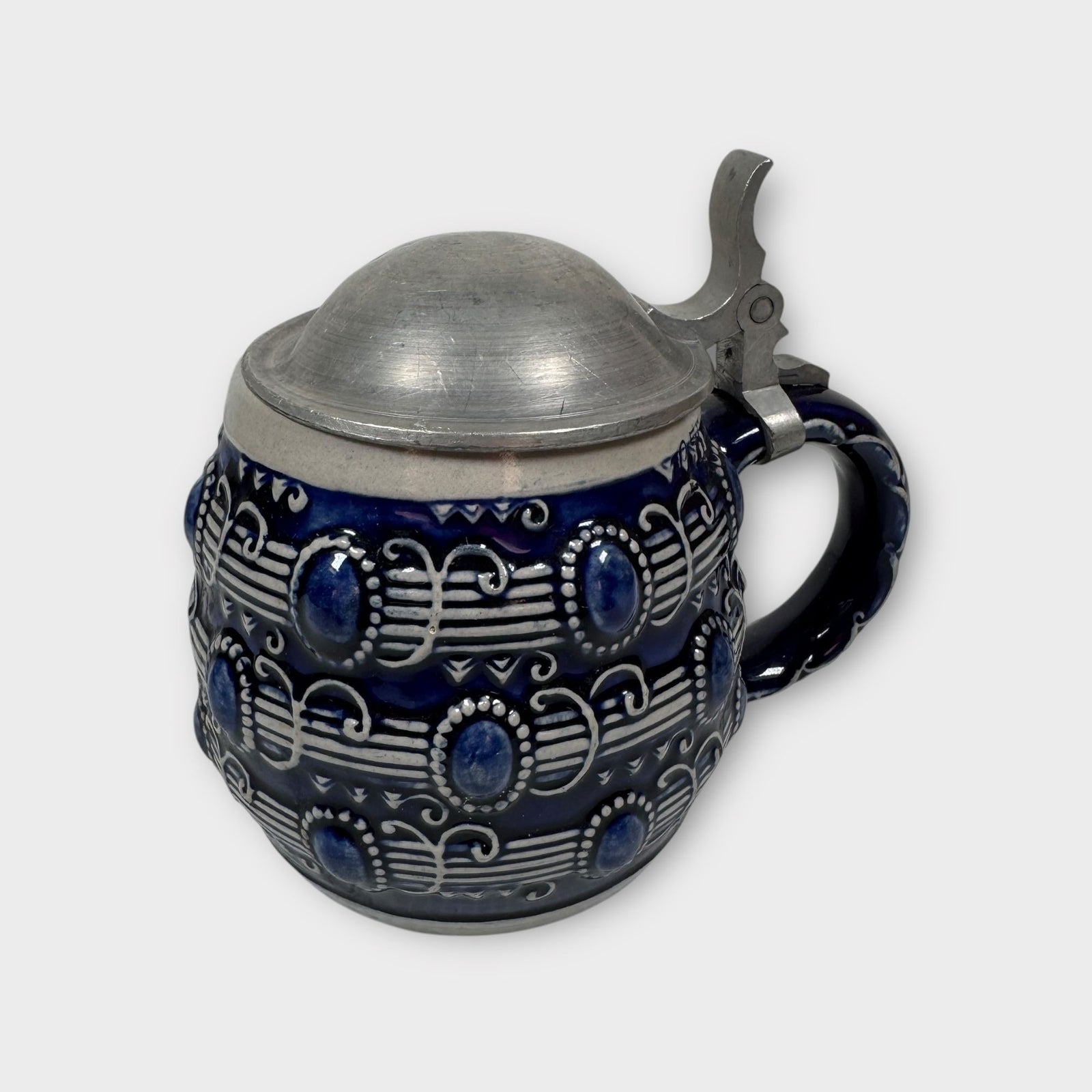 German Höhr-Grenzhausen Reinhold Merkelbach Stein Mug w/ Pewter Lid Blue Design