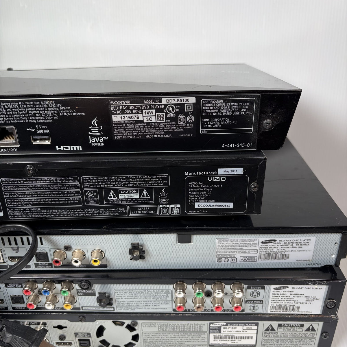Lot of 5 AS IS Blu-ray DVD Players Sony BDP-S5100, Vizio, Samsung For Parts