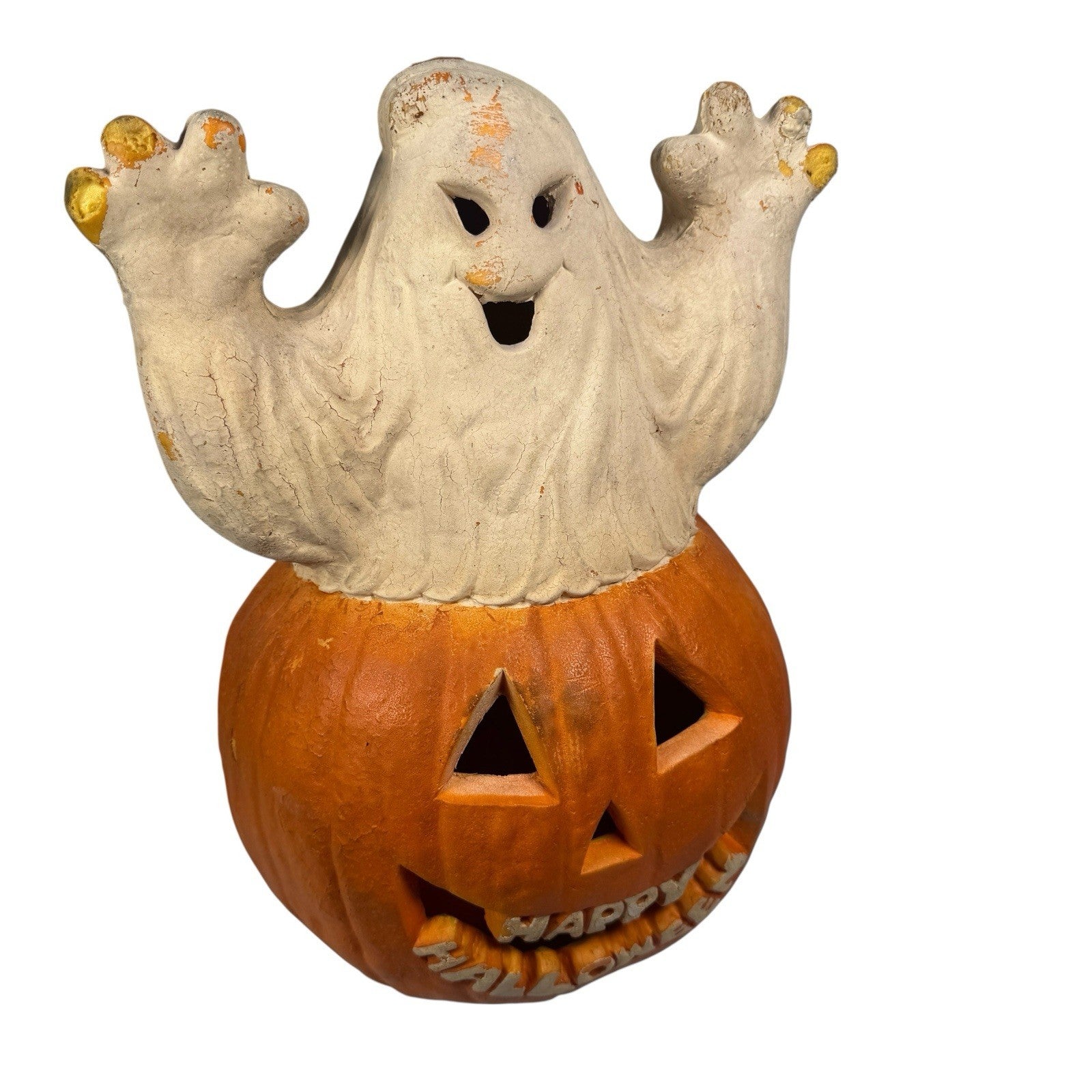Vintage Happy Halloween Ghost with Pumpkin Foam Blow Mold w/ Gemmy Light