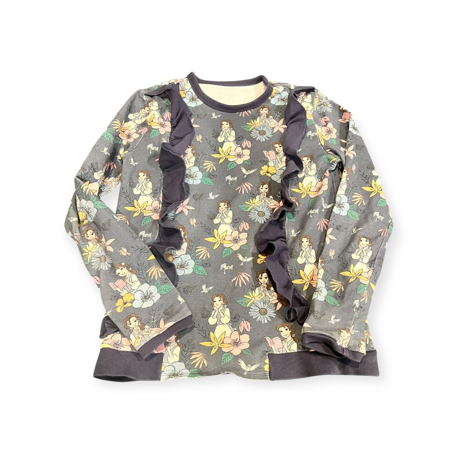 RAGS to Raches Disney Long Sleeve Top Kids Grey Floral Belle Print Size 9/10