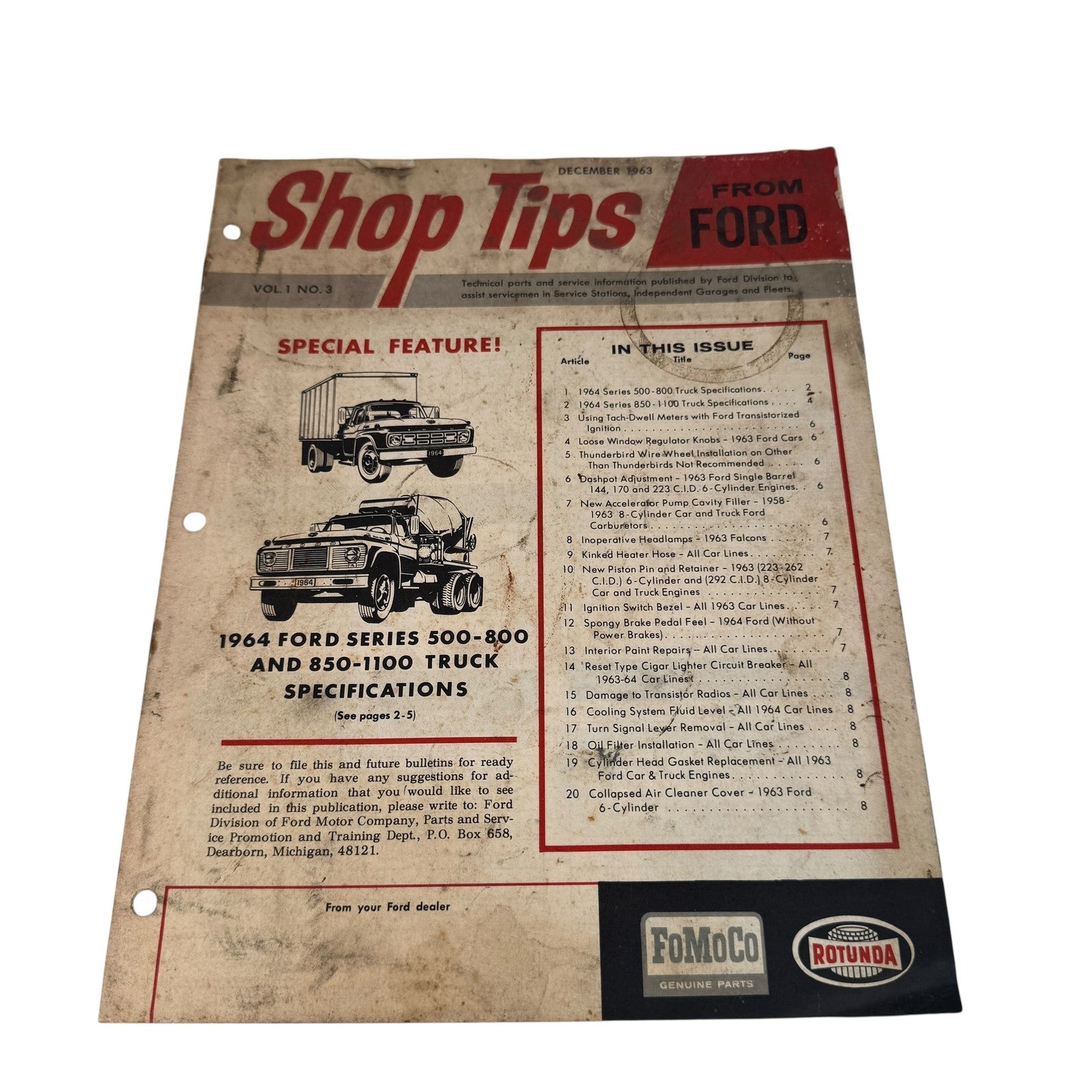 Vintage 1964 Ford Shop Tips Newsletter Truck Specs Dec 1963 Vol 1 No 3 Booklet