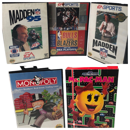 Lot Of 5x Sega Genesis Games In Cases Madden 94 & 95 Monopoly Ms PAC Man & More