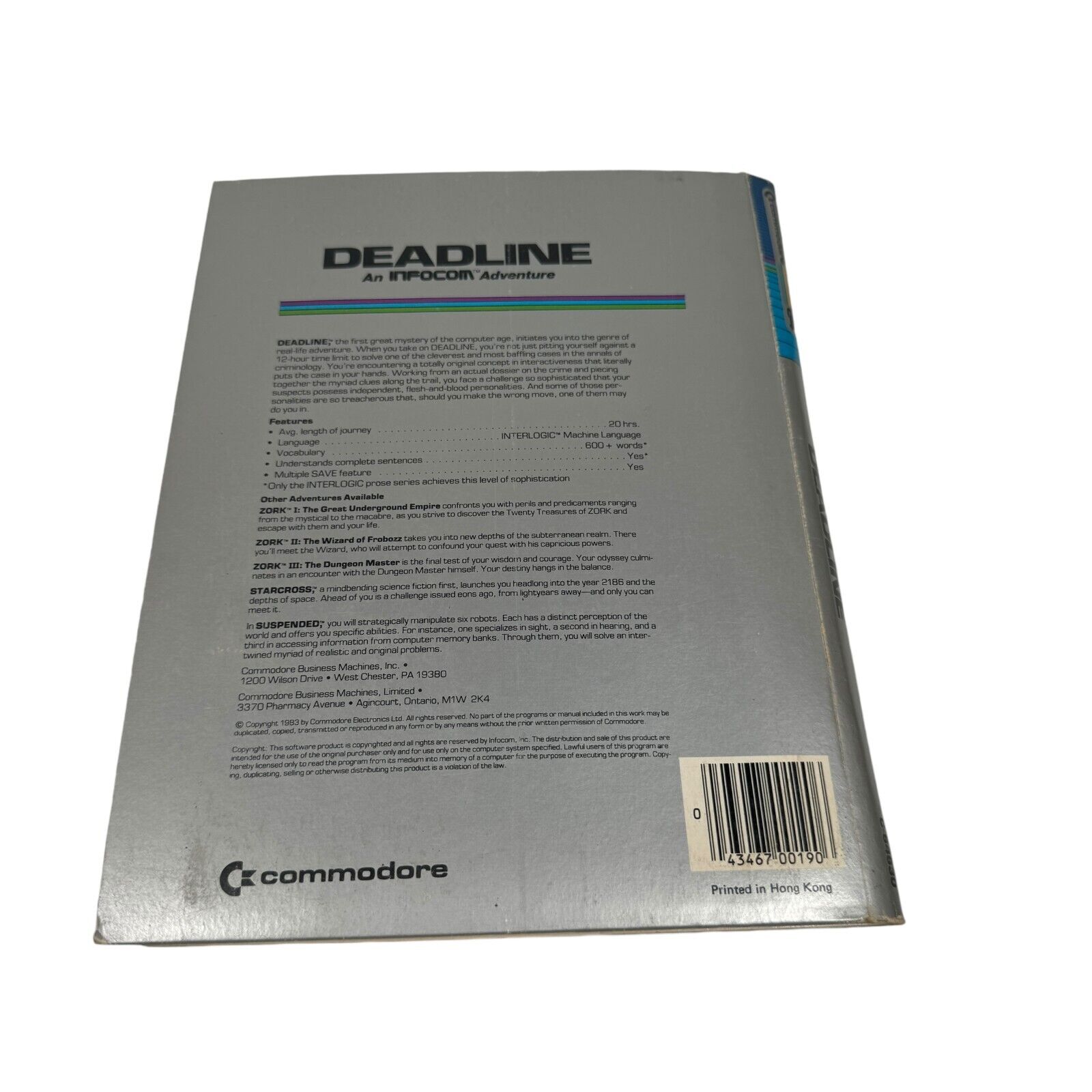 Deadline Infocom Text Adventure for Commodore 64 Complete CIB Folder Box