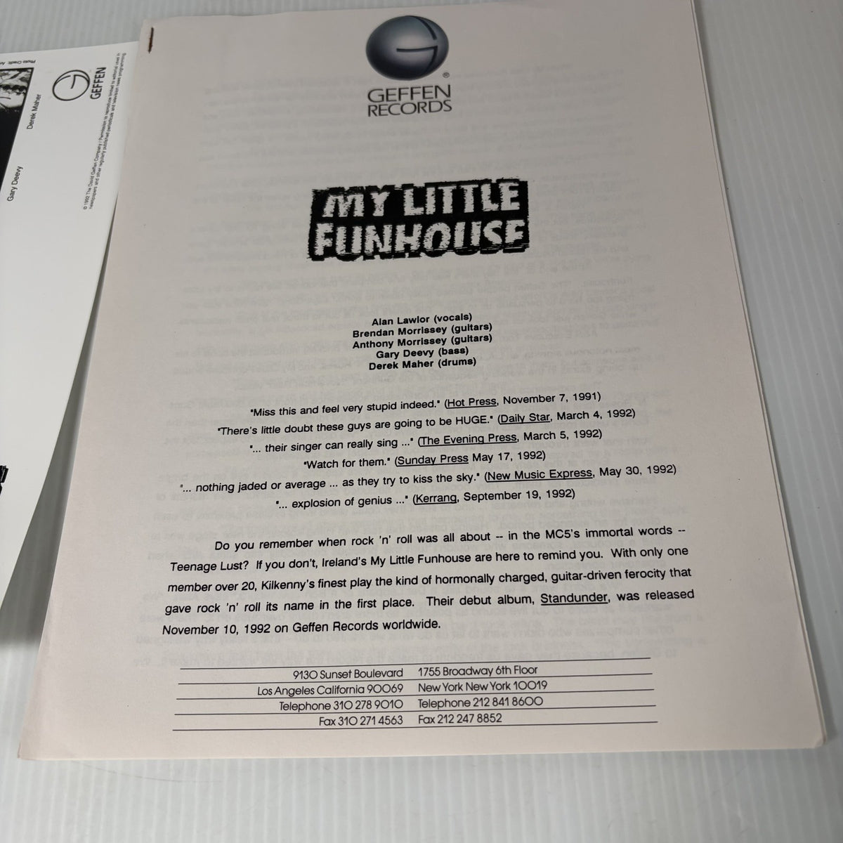 My Little Funhouse Geffen Records 1992 Press Kit Promo Photo Bio Sheet Rock Pop