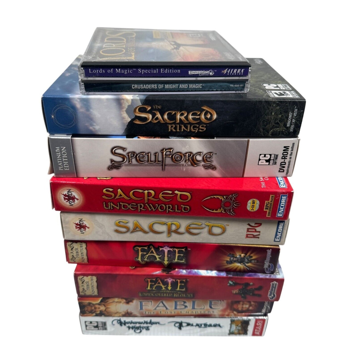 Lot of 10 PC RPG Games in Retail Boxes Sacred, Fate, Fable, Neverwinter & More