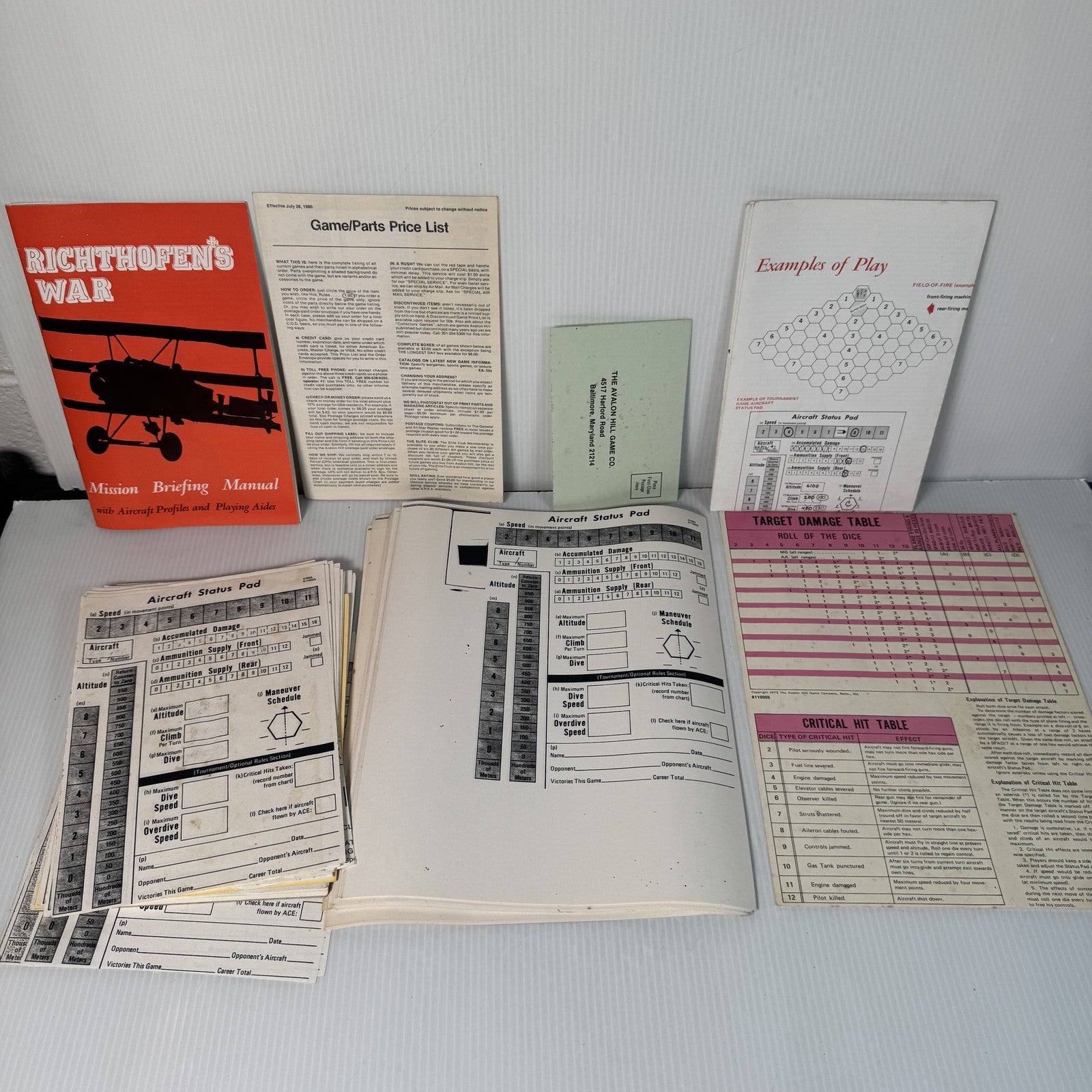 Vintage Richthofen's War Avalon Hill 1972 Board Game WWI Air Combat Set