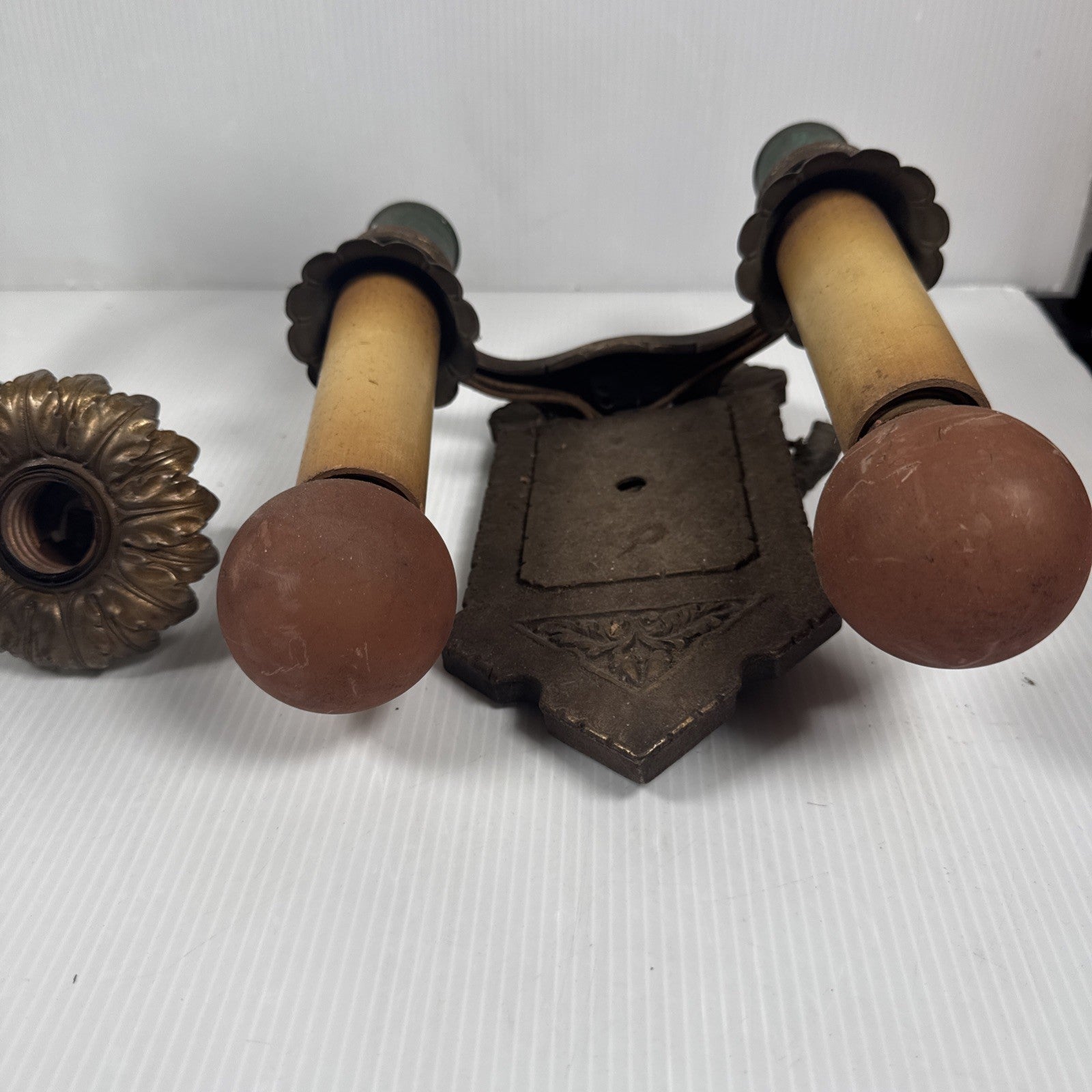 Lot Of 2 Antique Cast Metal Light Fixtures Sconce & Chandelier Untested As Is