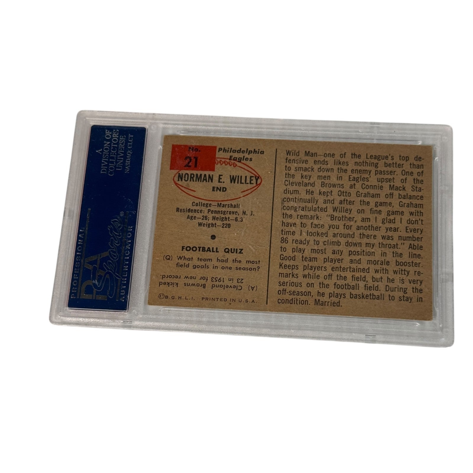 1954 Bowman - Norm Willey #21 PSA Graded 3 VG Philadelphia Eagles Rookie RC