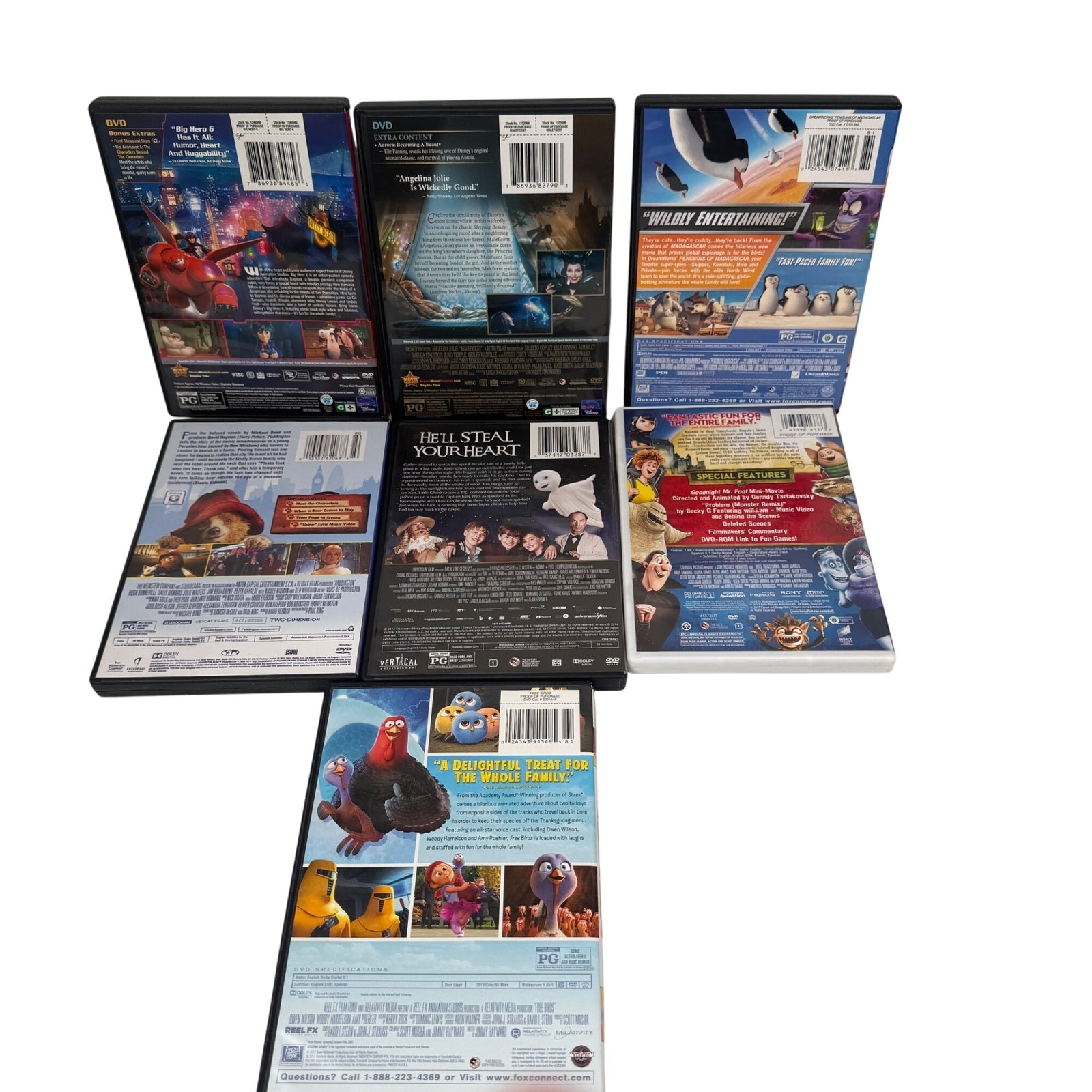 Disney & Family DVD Lot Of 7: Big Hero 6 Maleficent Penguins Paddington & More
