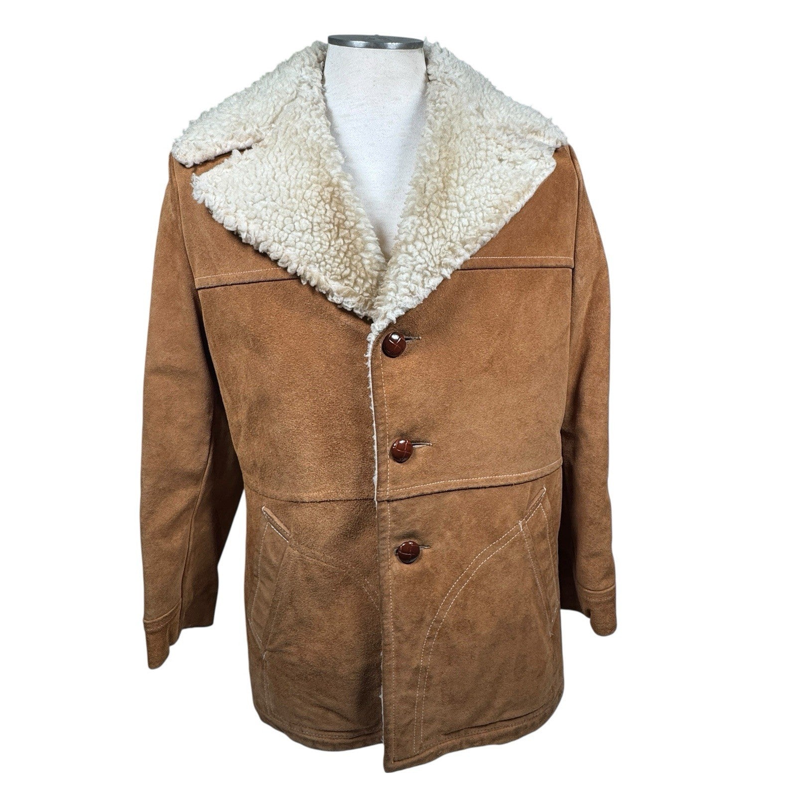 Vintage 70s Lakeland Brown Suede Leather Western Sherpa Rancher Coat Jacket 40