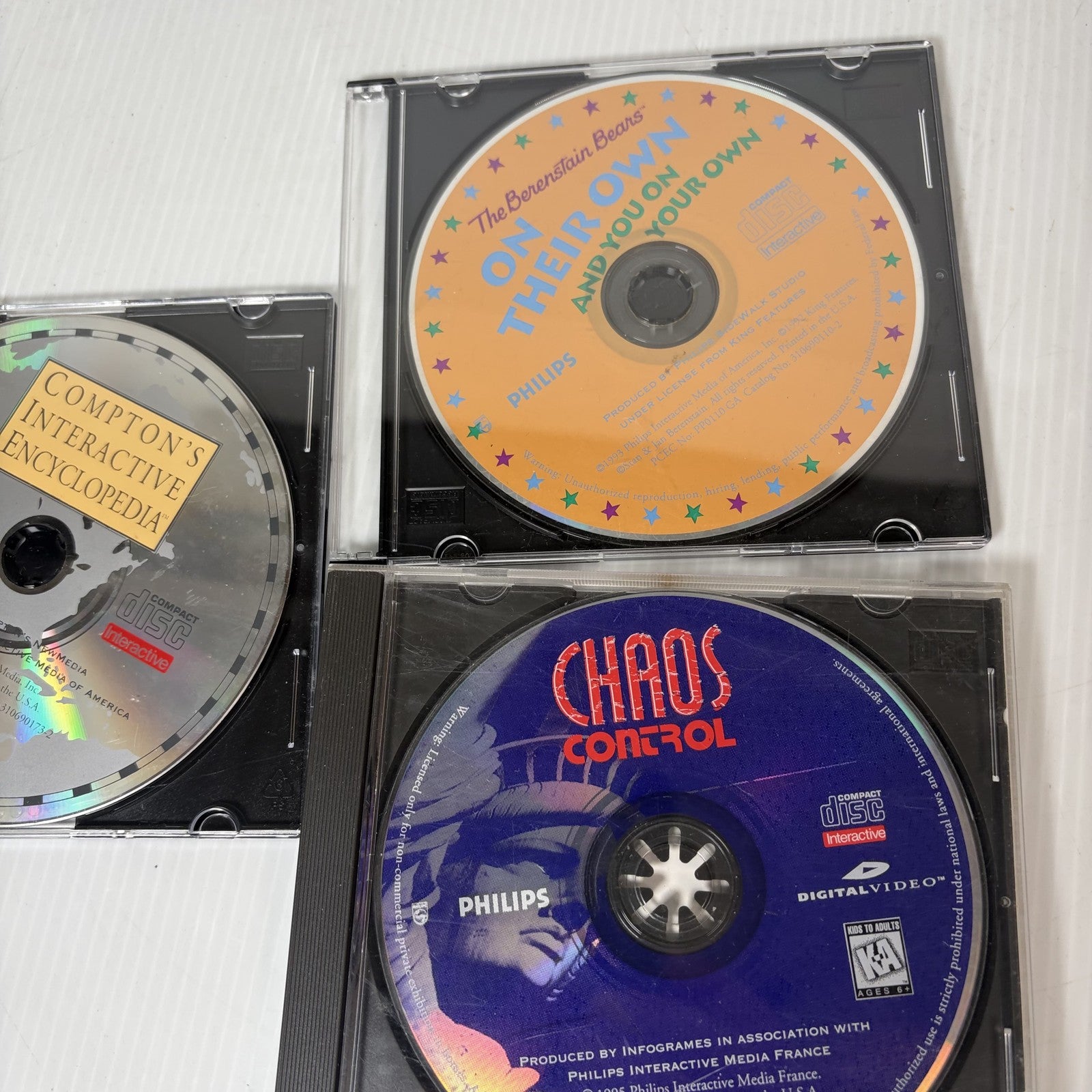 Philips CD-i Disc Lot of 3 Chaos Control, Berenstain Bears Comptons Encyclopedia