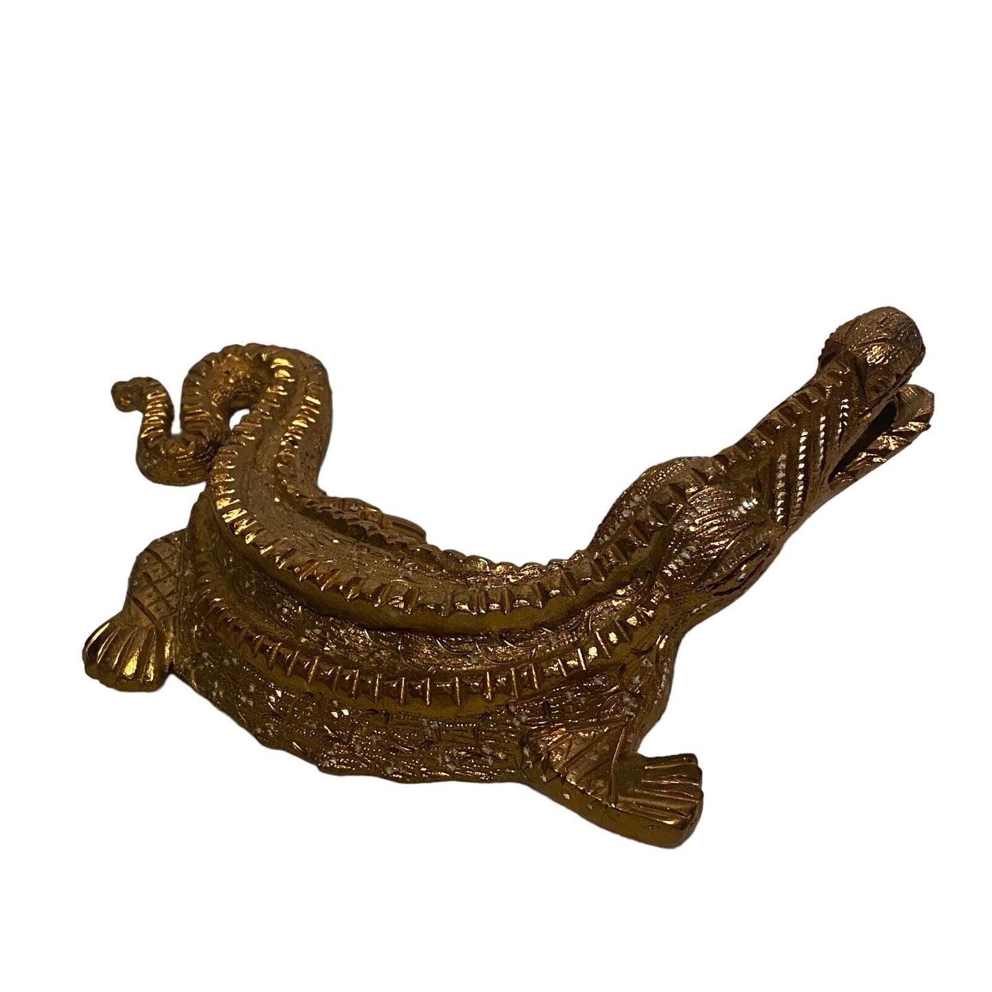 Ceramic 8” Mayan Style Ceramic Gold Painted Crocodile Vintage Paperweight