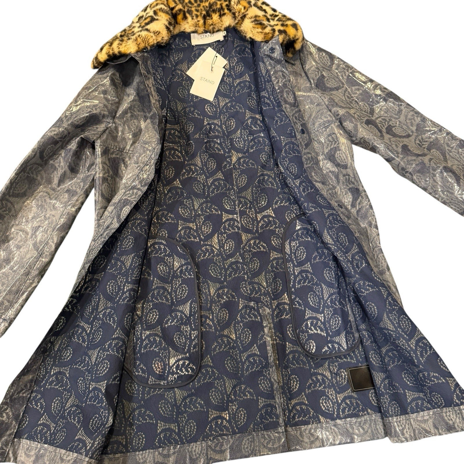 Stand Studio Designer Anais Rain Coat Long Dark Navy Translucent Sz 38 PVC Lace