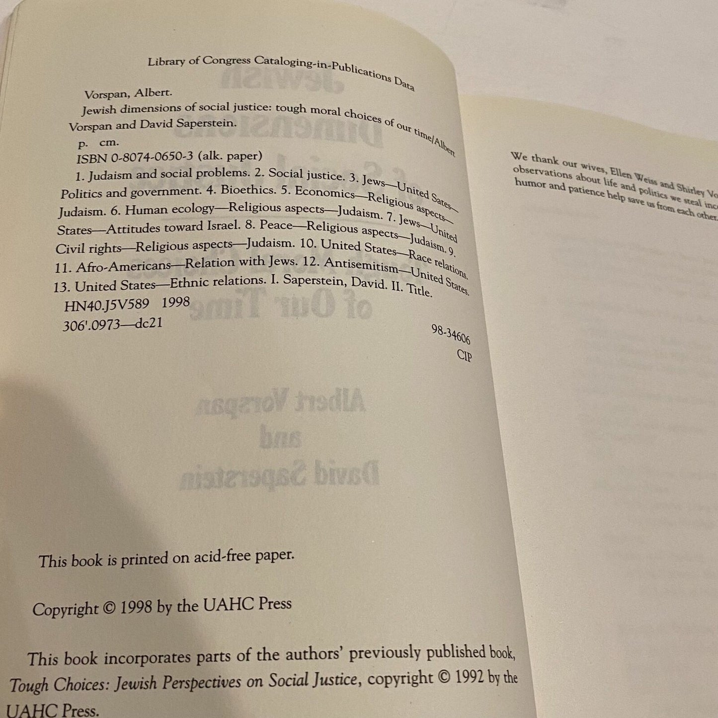 Jewish Dimensions of Social Justice By Albert Vorspan and David Saperstein