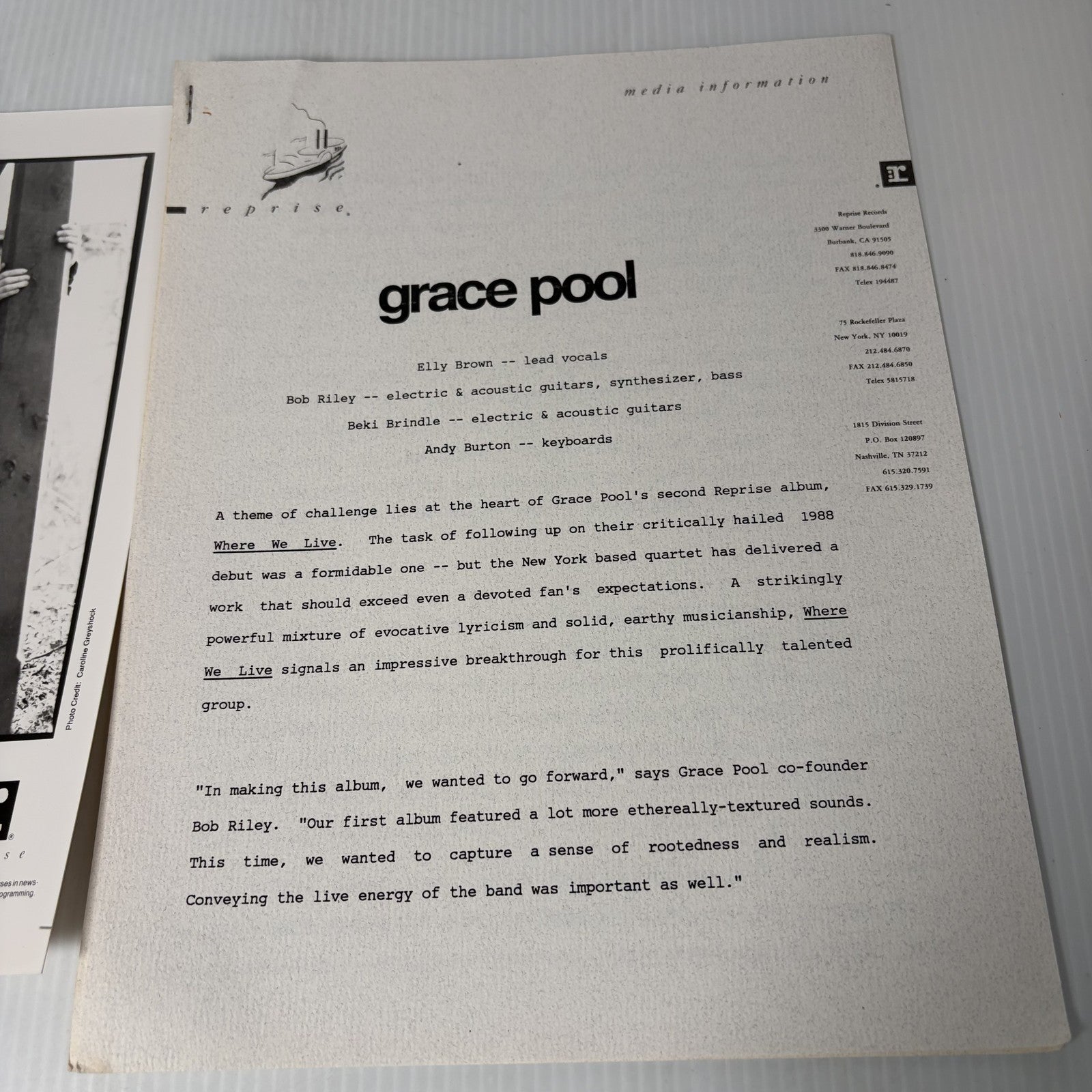 Grace Pool Band 1990 Reprise Records Press Photo & Media Information Sheet Rock