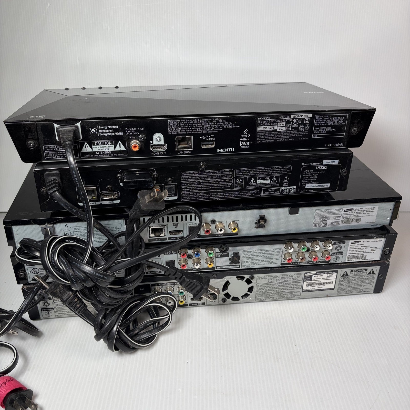 Lot of 5 AS IS Blu-ray DVD Players Sony BDP-S5100, Vizio, Samsung For Parts