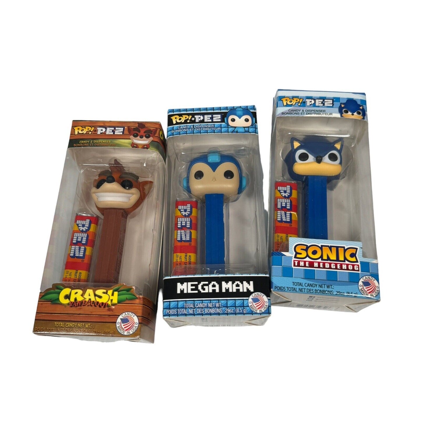 Retro Game Character Pop Figurines Lot Of 3 Mega Man Crash Sonic Candy Dispenser