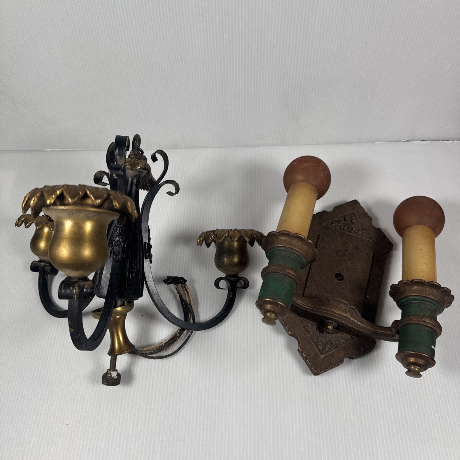 Lot Of 2 Antique Cast Metal Light Fixtures Sconce & Chandelier Untested As Is
