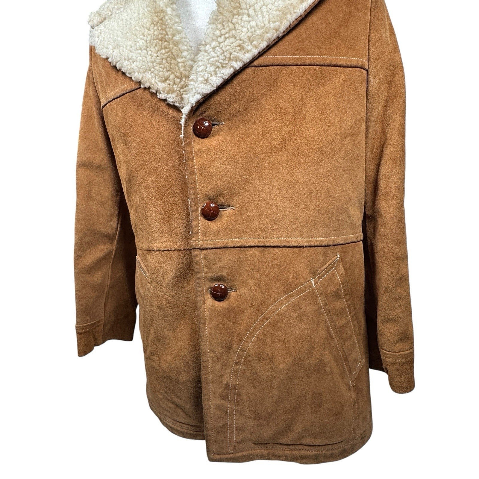Vintage 70s Lakeland Brown Suede Leather Western Sherpa Rancher Coat Jacket 40