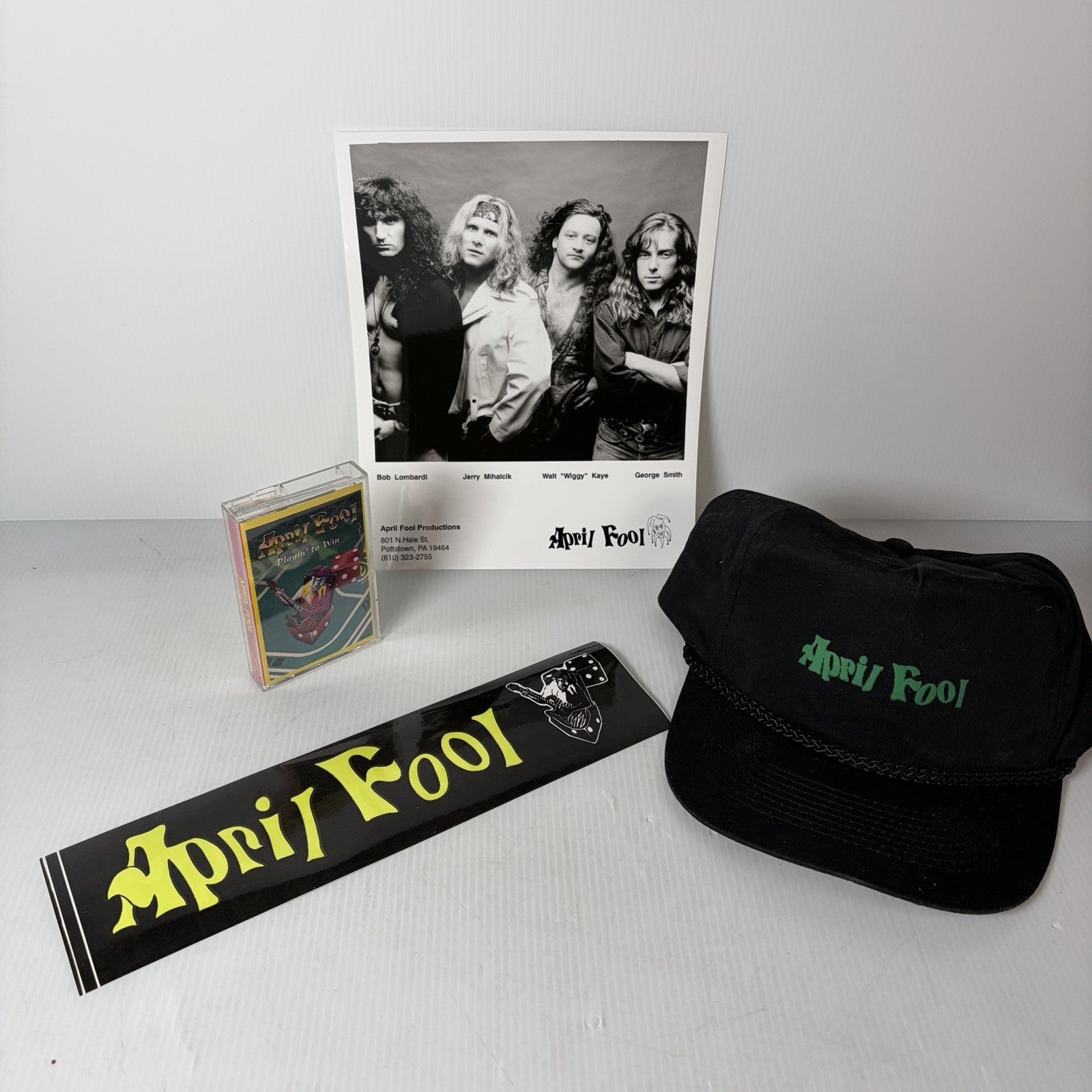 April Fool 1988 Hair Metal Deadstock Merch Bundle Hat, Cassette One Sheet & More