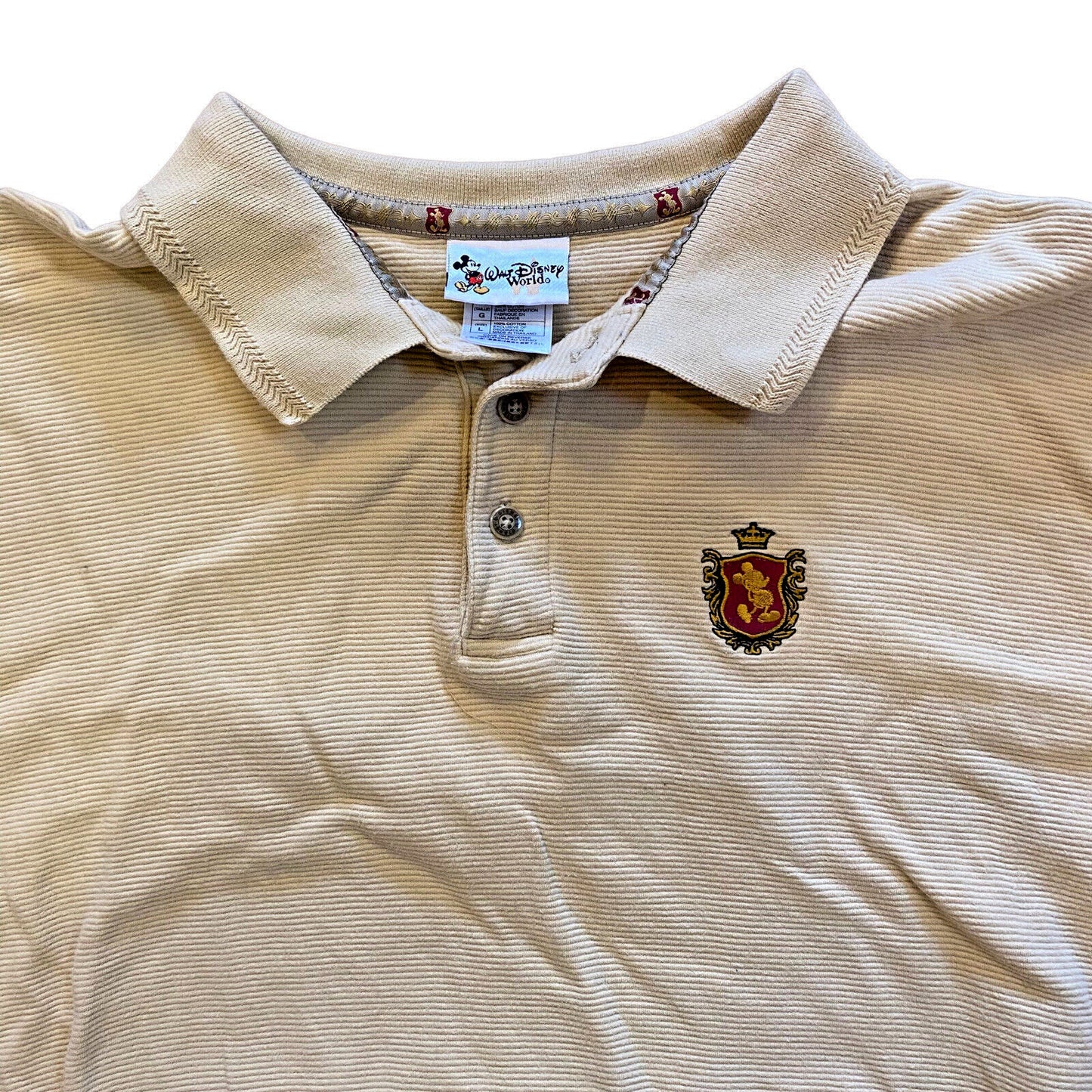 Disney World Main Street Mickey Ruffled Off White Tan Corduroy Shield Polo Shirt