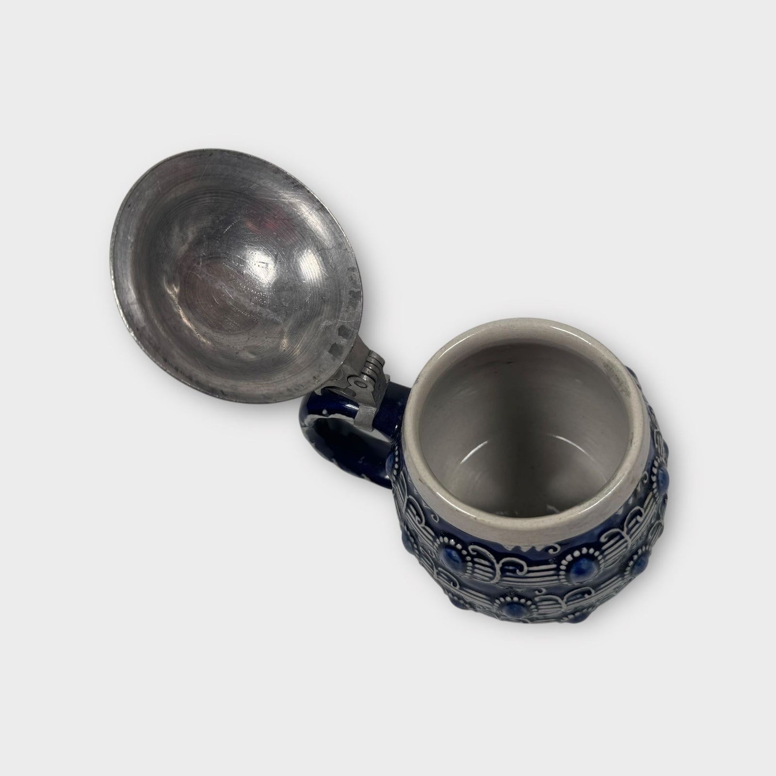 German Höhr-Grenzhausen Reinhold Merkelbach Stein Mug w/ Pewter Lid Blue Design